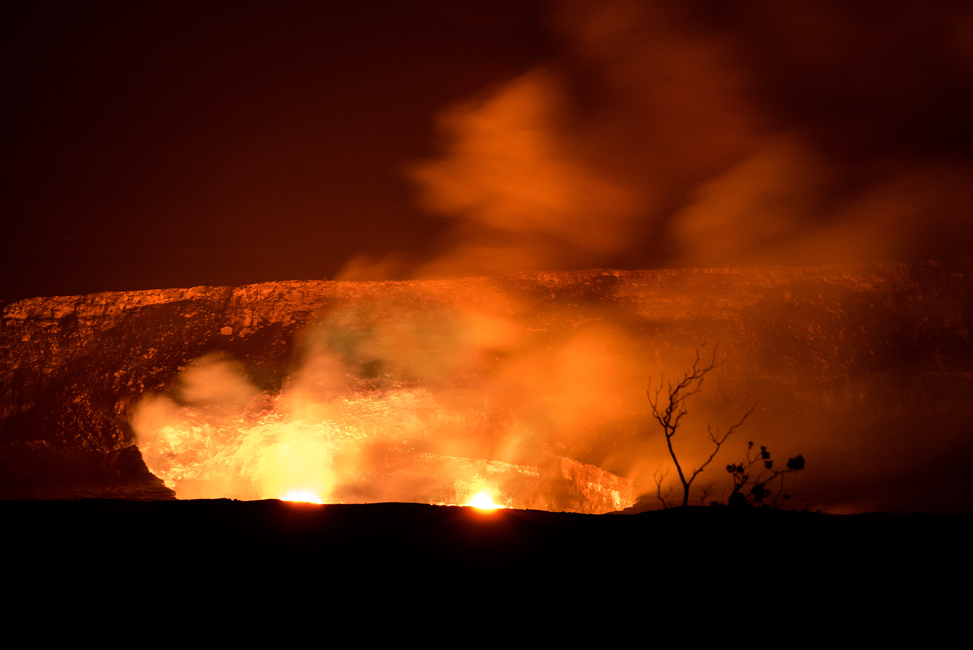 Lava glow in the Halema'uma'u Crater from the Jaggar Museum lookout in Hawai'i Volcanoes National Park