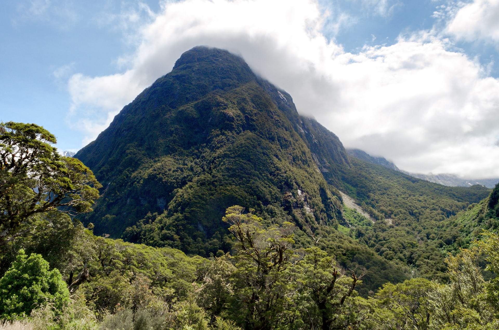 Clouds gathering at the top of Mt Christina in the Hollyford Valley of New Zealand's South Island