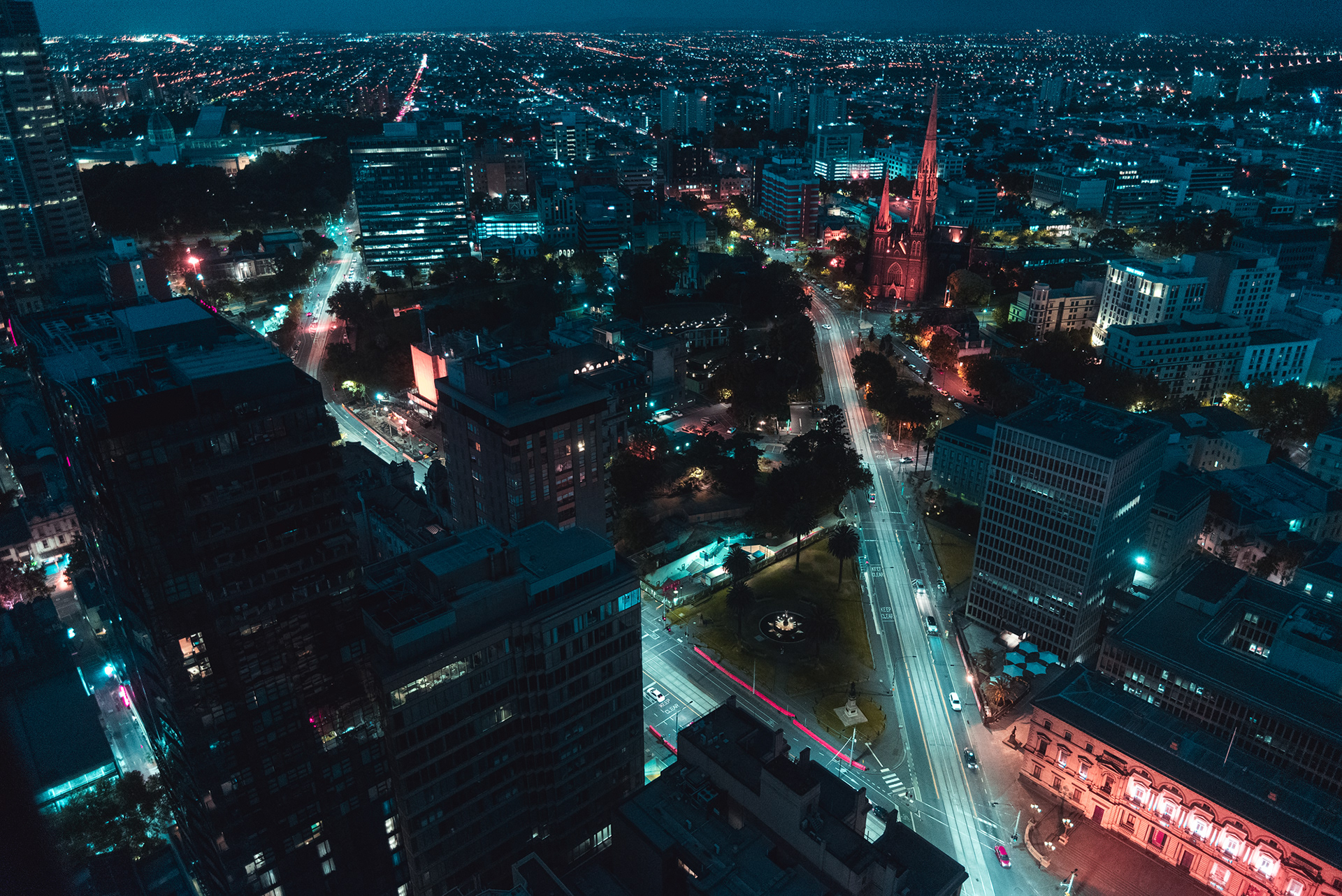 A nighttime landscape view of east Melbourne taken from the Sofitel hotel on Collins Street