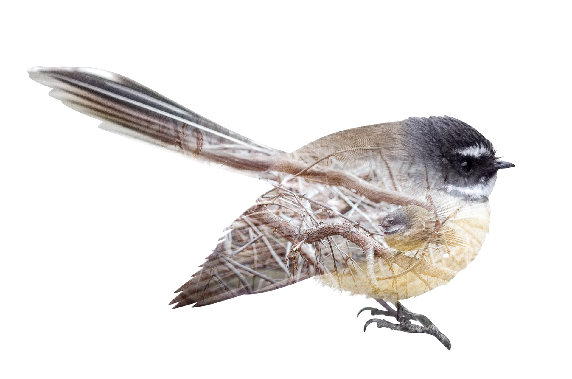 A multiple exposure of a New Zealand fantail in its native forest habitat