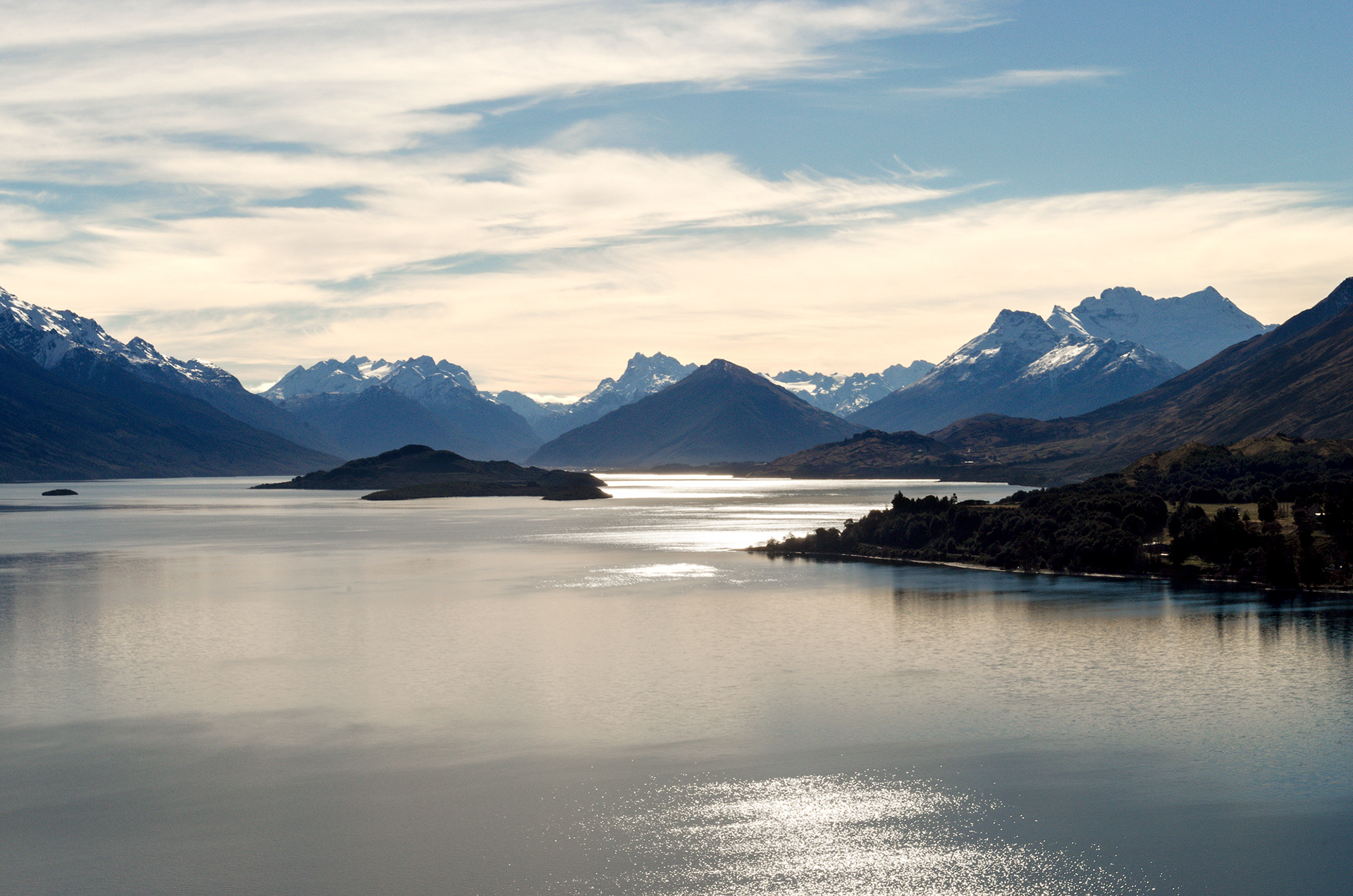 Lake Wakatipu looking towards Glenorchy and the snow-capped peaks of the Humboldt and Forbes mountains