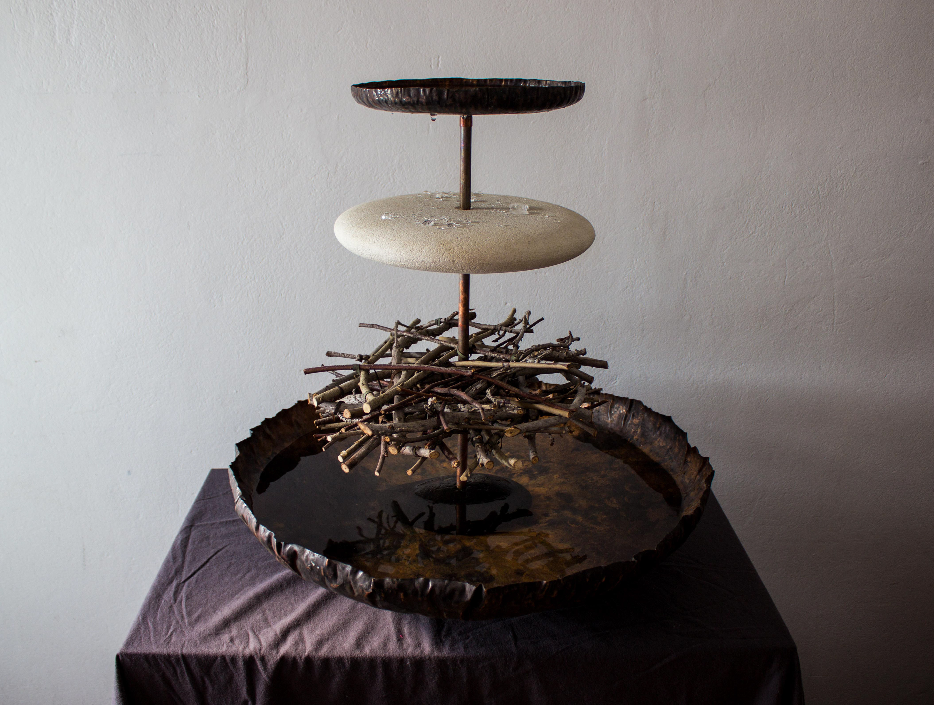 Rain Machine, 2025, limestone, copper, ocean stone, timber, water, 600 x 600 x 600mm, Darcy Shilton