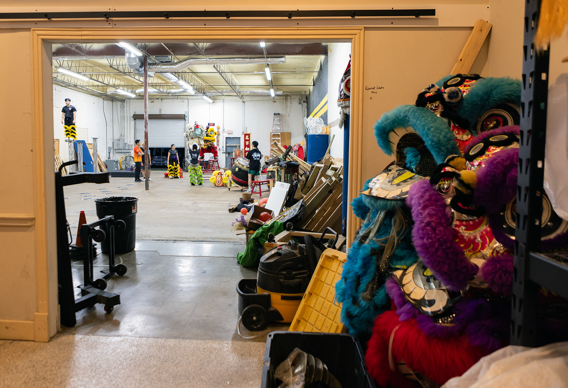 JL Lion Dance troupe members set up for high beam practice in Garland, Texas on Nov. 18, 2025.