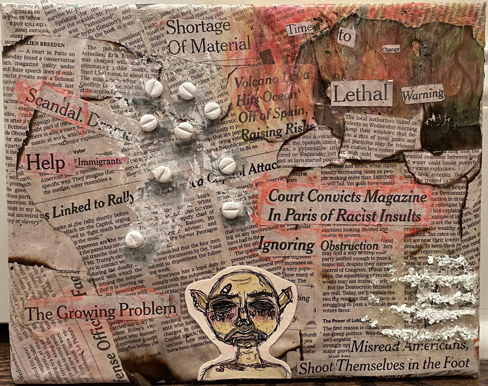 Canvas, newspaper, paint, clay, styrofoam, etc. comp.