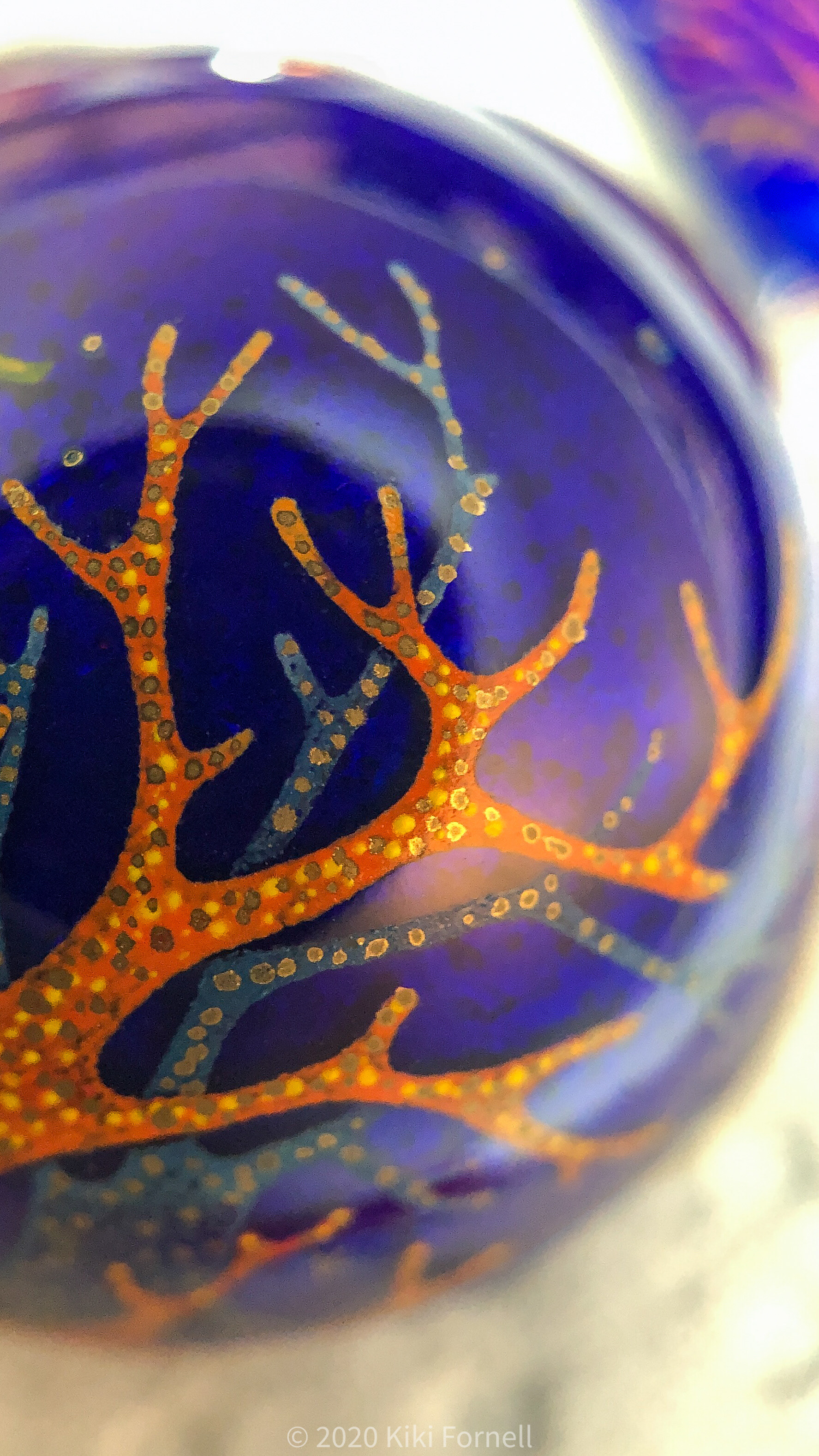 Silver hemisphere with the royal blue transparent hot enamel coating. Miniature painting with the overglaze colours. Hand made.