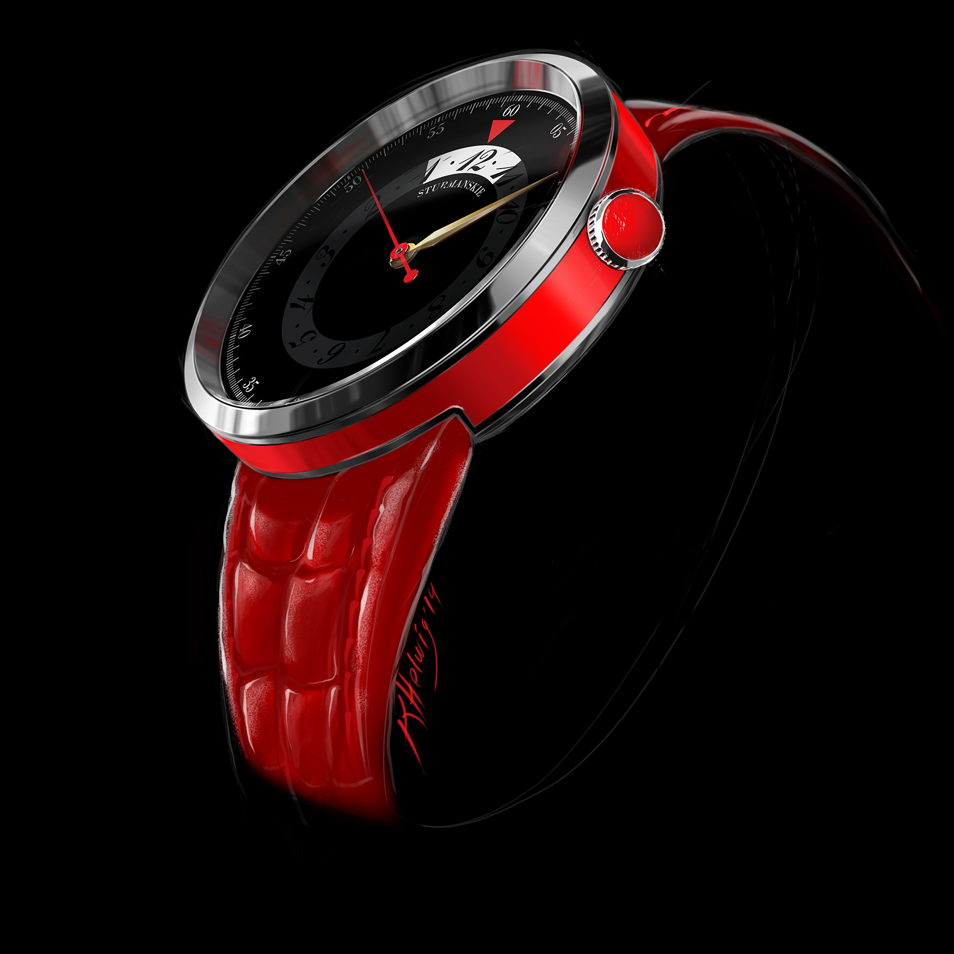Sturmanskie watch design. Red color variant rendering. Kate Helwig Fornell