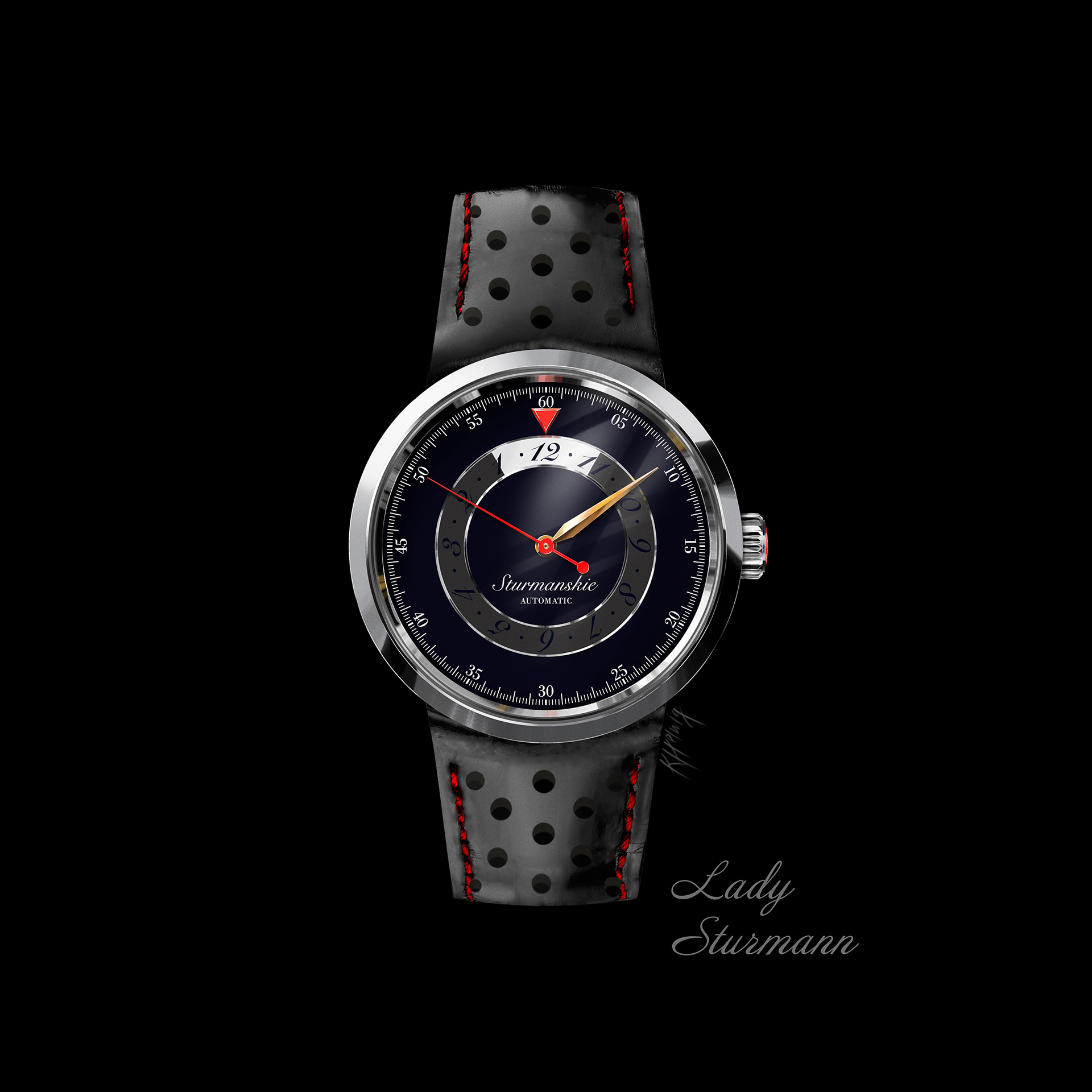 Industrial design. Watch design of a Sturmanskie Mars, watch sketch by Ekaterina Fornell. Rendering after 3D modeling.