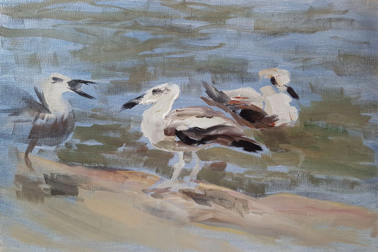 The birds at the sea. Study. Oil on cardboard, 20x30 cm. 2017.