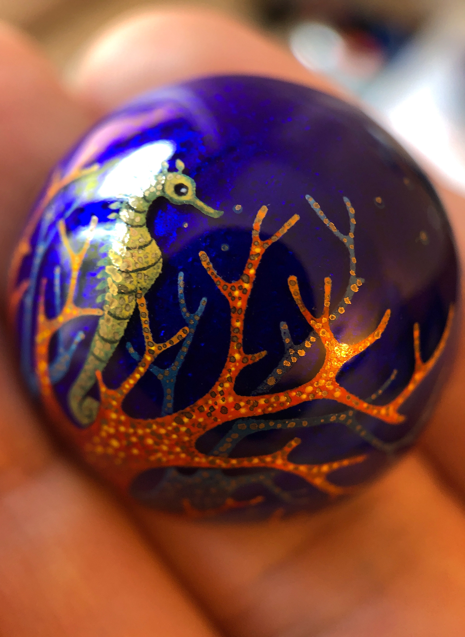 Silver hemisphere with the royal blue transparent hot enamel coating. Miniature painting with the overglaze colours.Hand made.