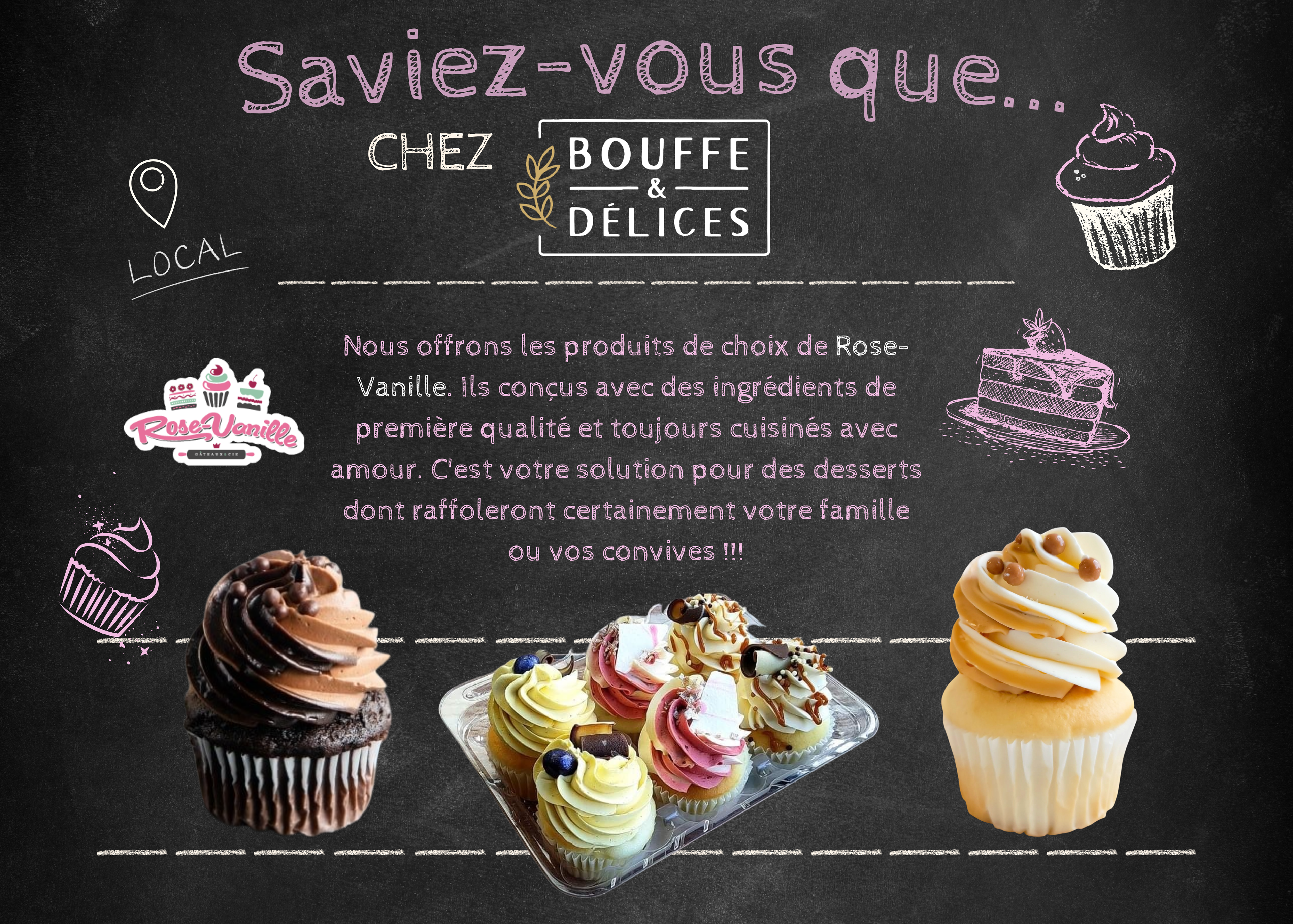 Affiche promotionnelle: desserts et créations sucrées signés Rose Vanille.