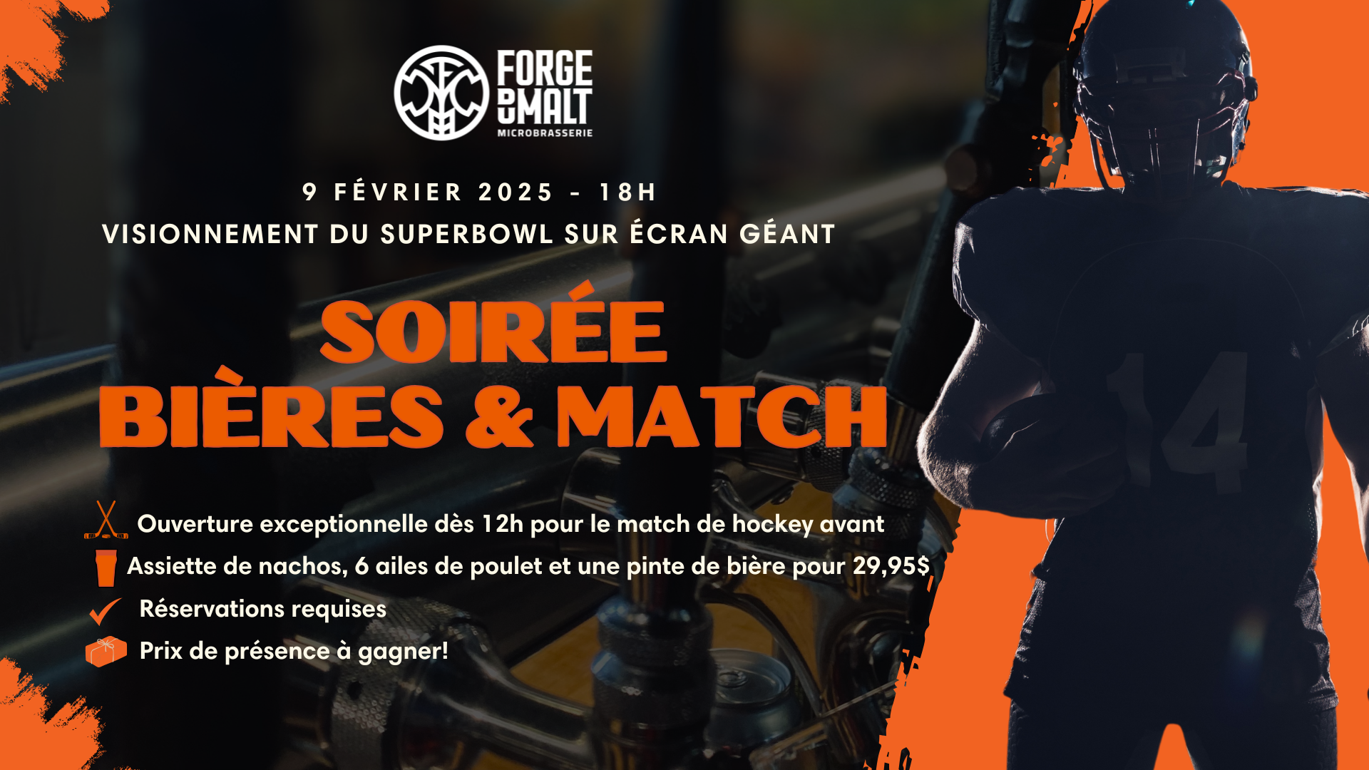 Affiche promotionnelle réseaux sociaux: Soirée Bières & Match – visionnement du Superbowl à la microbrasserie La Forge du Malt.