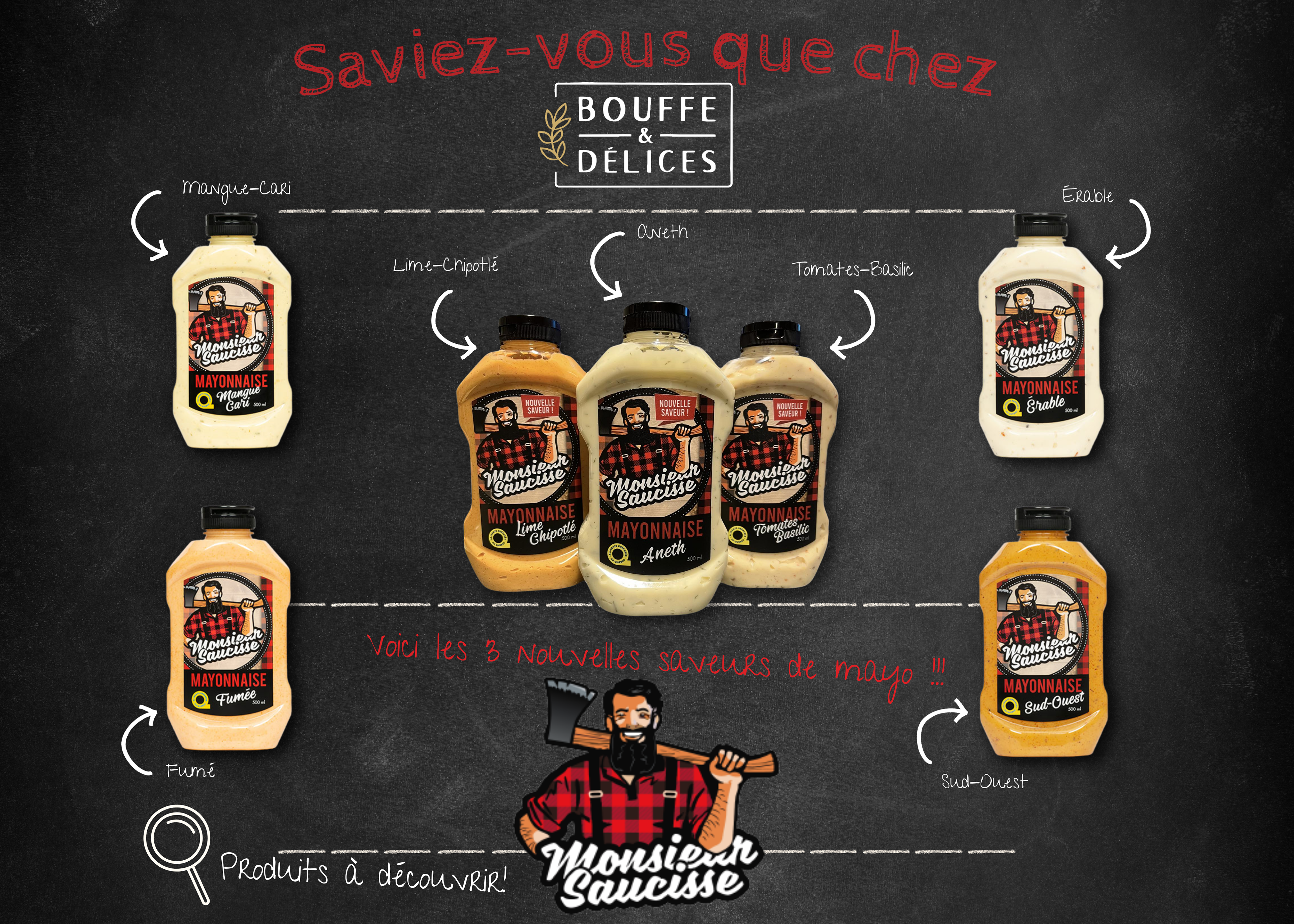Affiche promotionnelle présentant les 5 nouvelles saveurs de mayonnaise.
