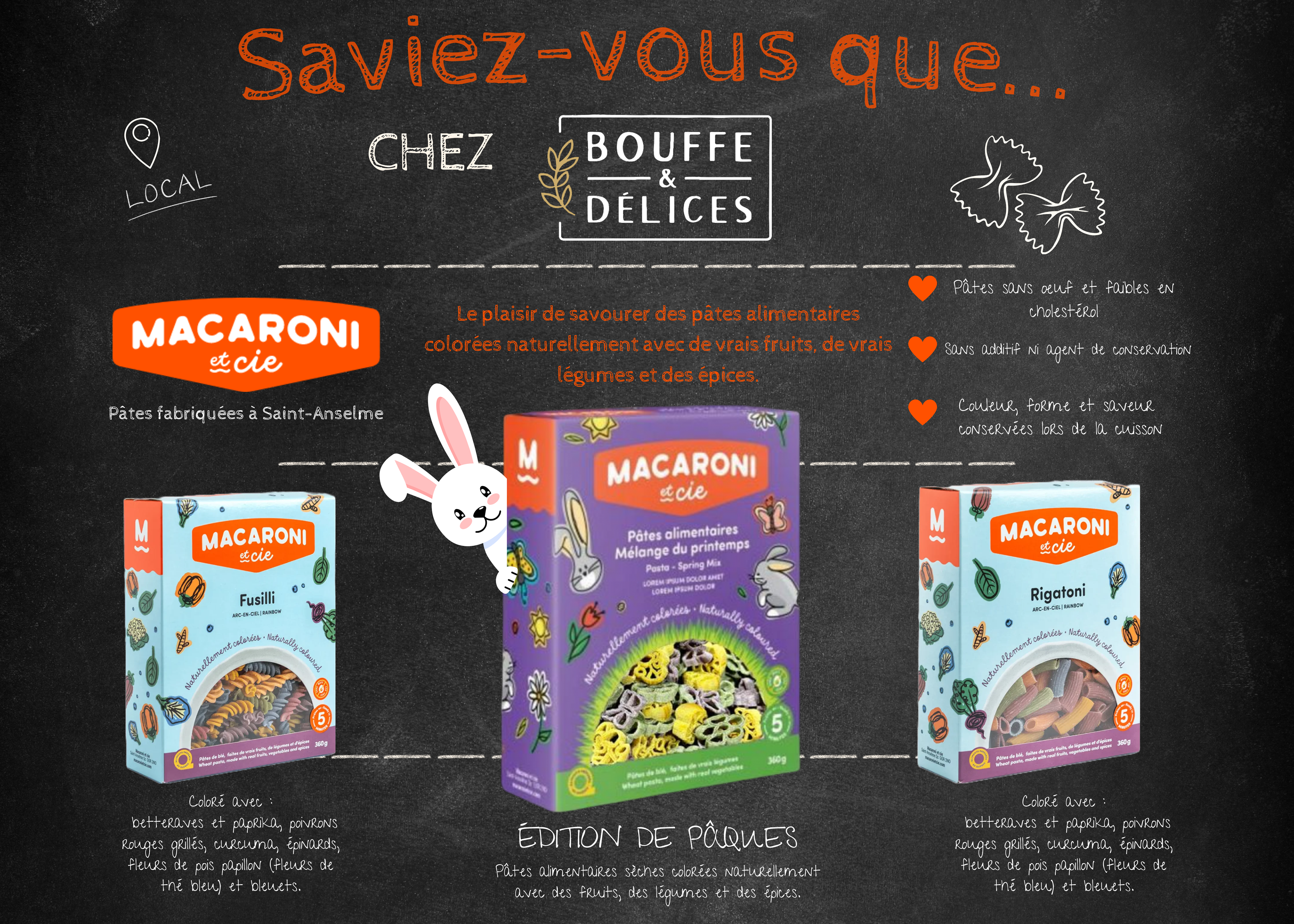 Affiche produit: pâtes colorées Macaroni & Cie, fabriquées au Québec.