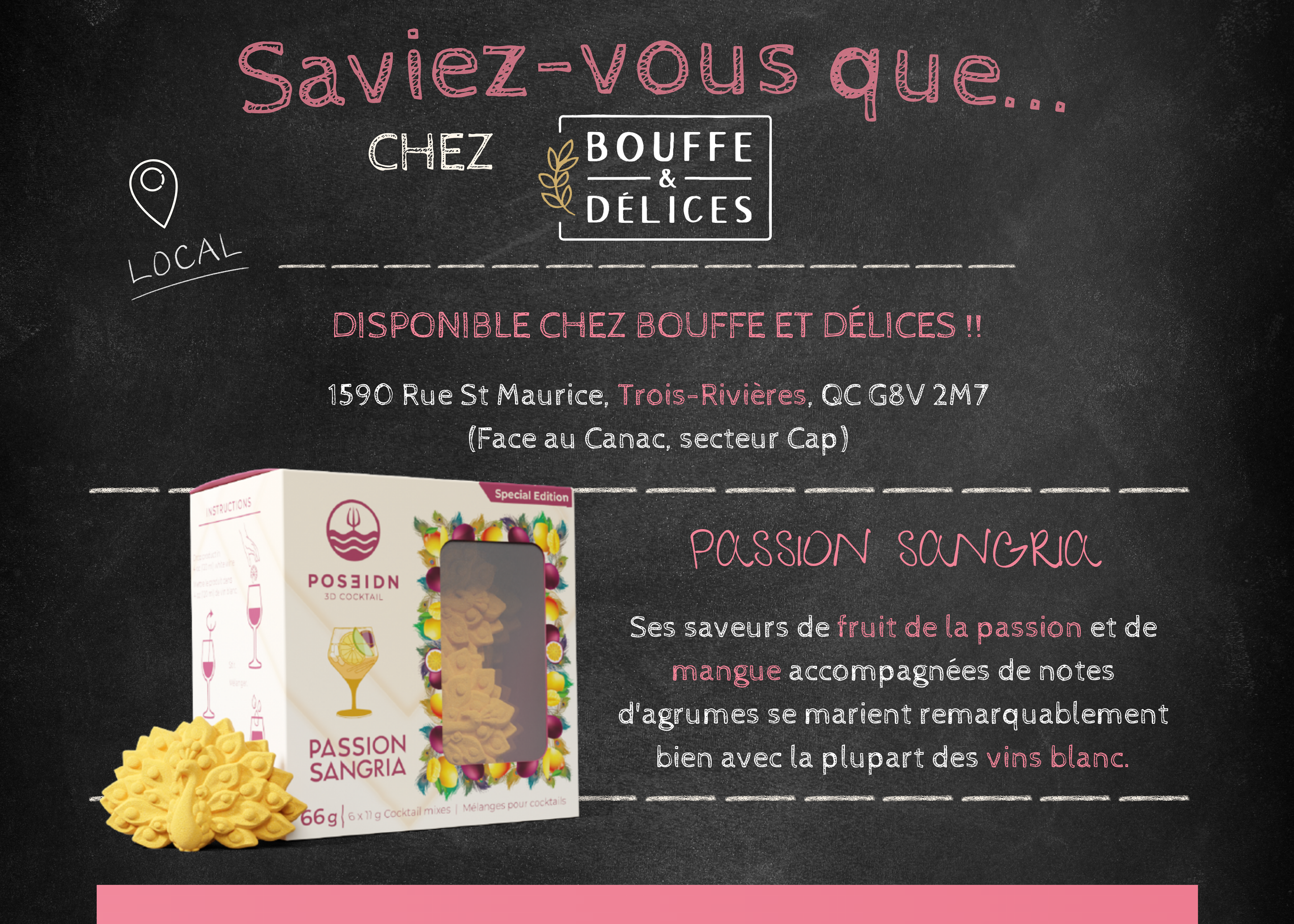  Affiche produit: bombe à cocktail Passion Sangria, saveur fruitée et exotique.