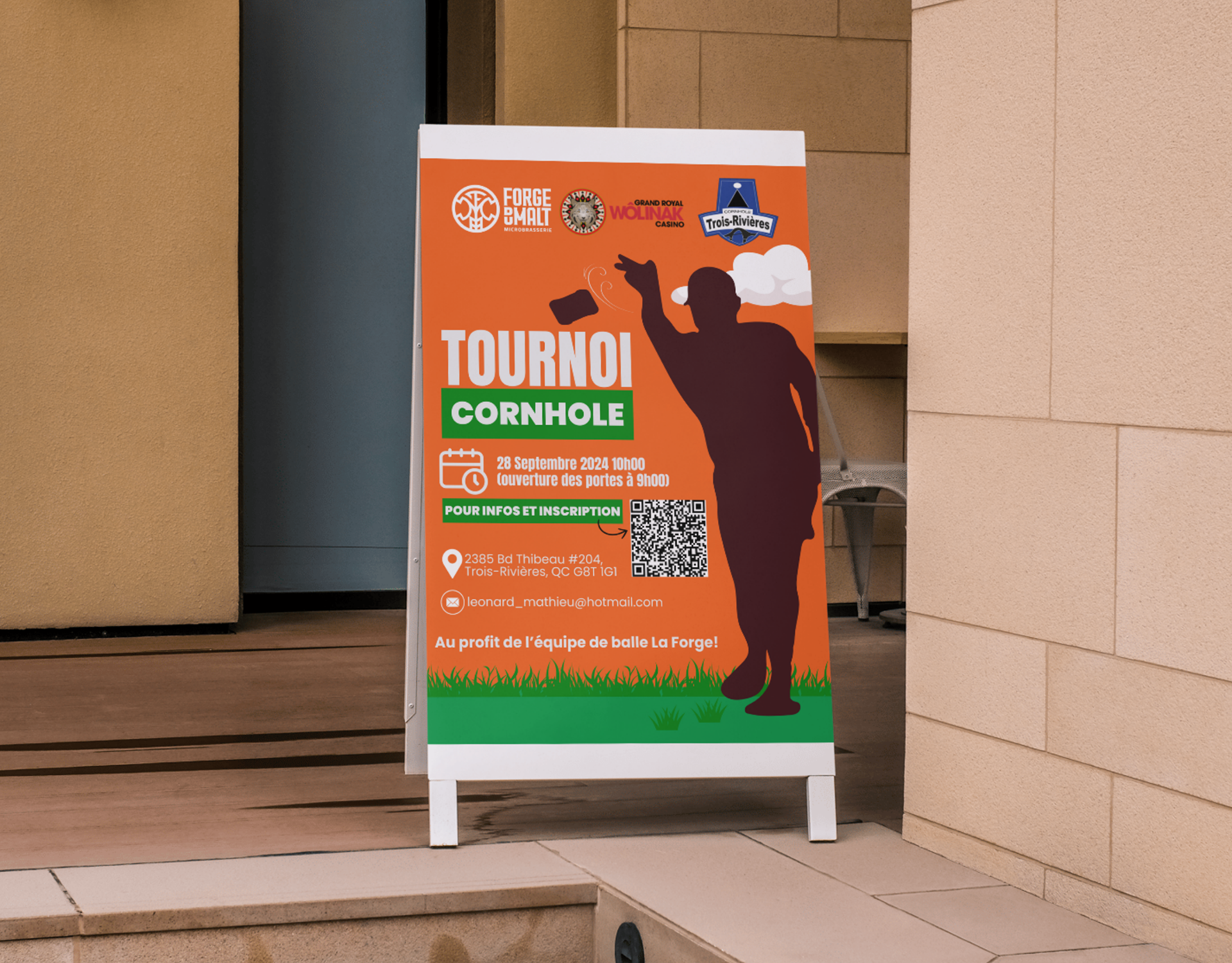 Affiche événementielle pour annoncer le tournoi de cornhole au profit de l’équipe de balle La Forge.