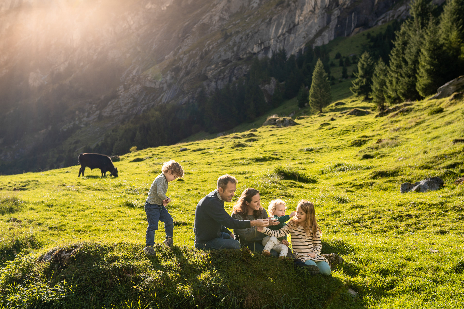 The family of 5 during they holidays in Switzerland having picnic and photo session with adamiak photography