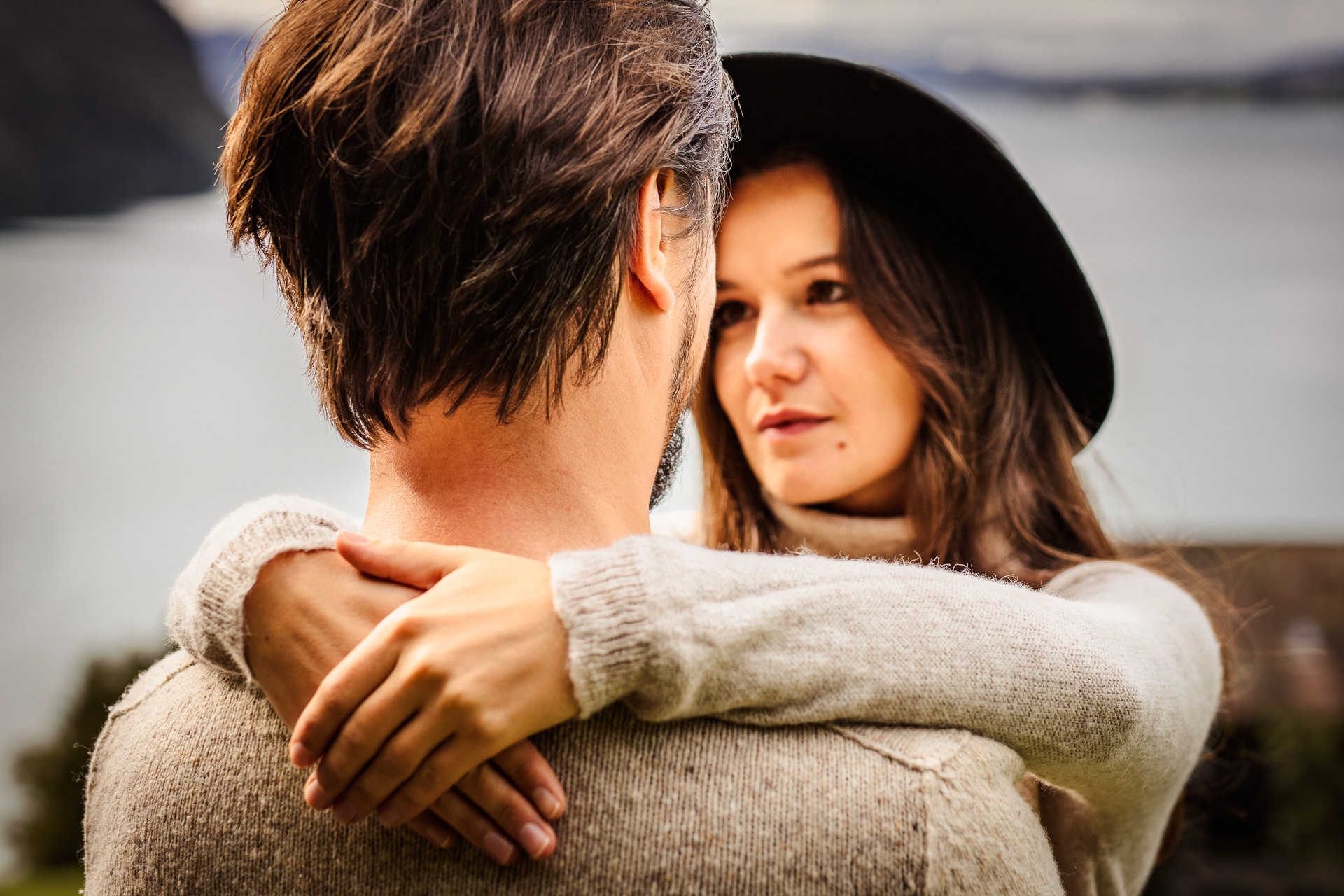 Fiancée looking at his fiancé before their elopement in Vitznau, canton Lucerne, Switzerland