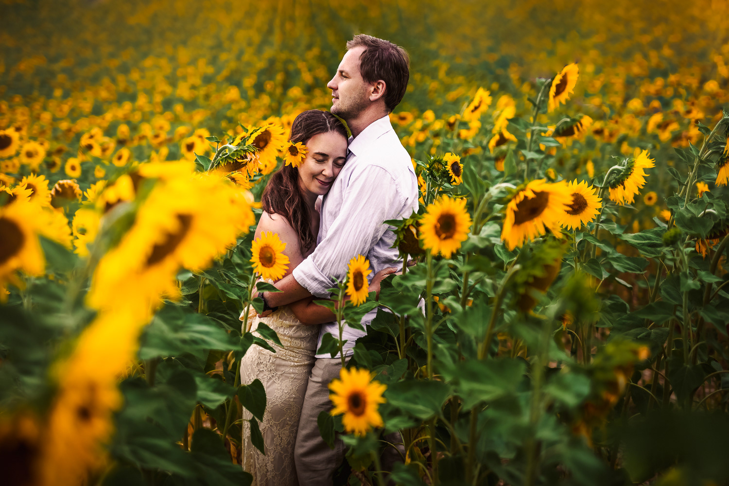 Bride and groom during their outdoor photo session in the sunflowers field in Cham, Switzerland 