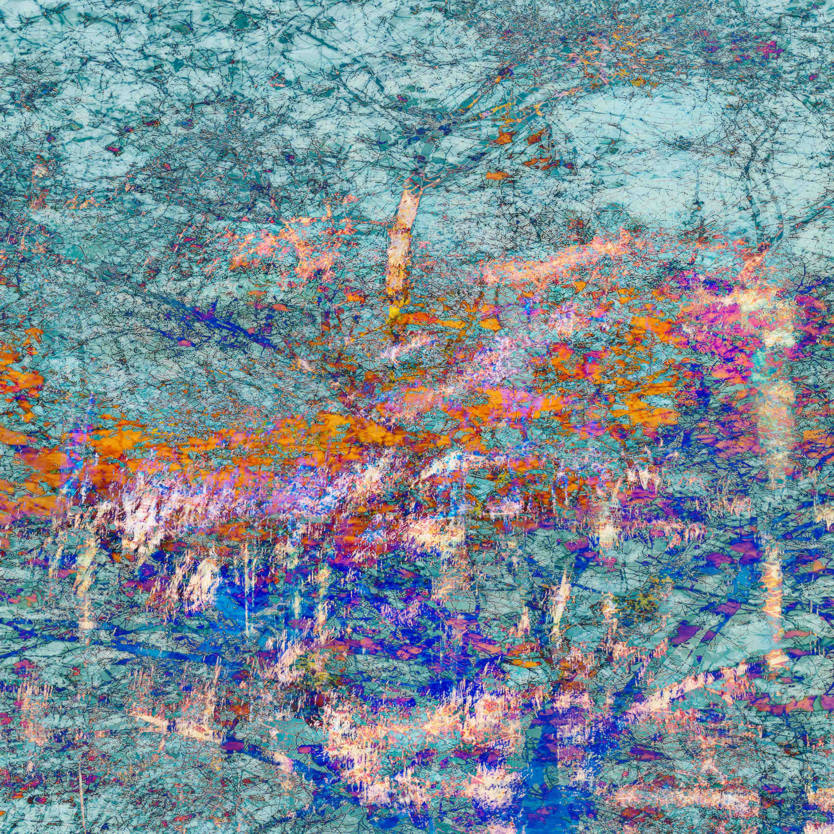 Abstract art photograph "Between Worlds #3" 80x80 cm in size with layered textures and bright cool (turquoise/blue) and warm (orange/pink/purple) colors, suggesting distorted natural forms.