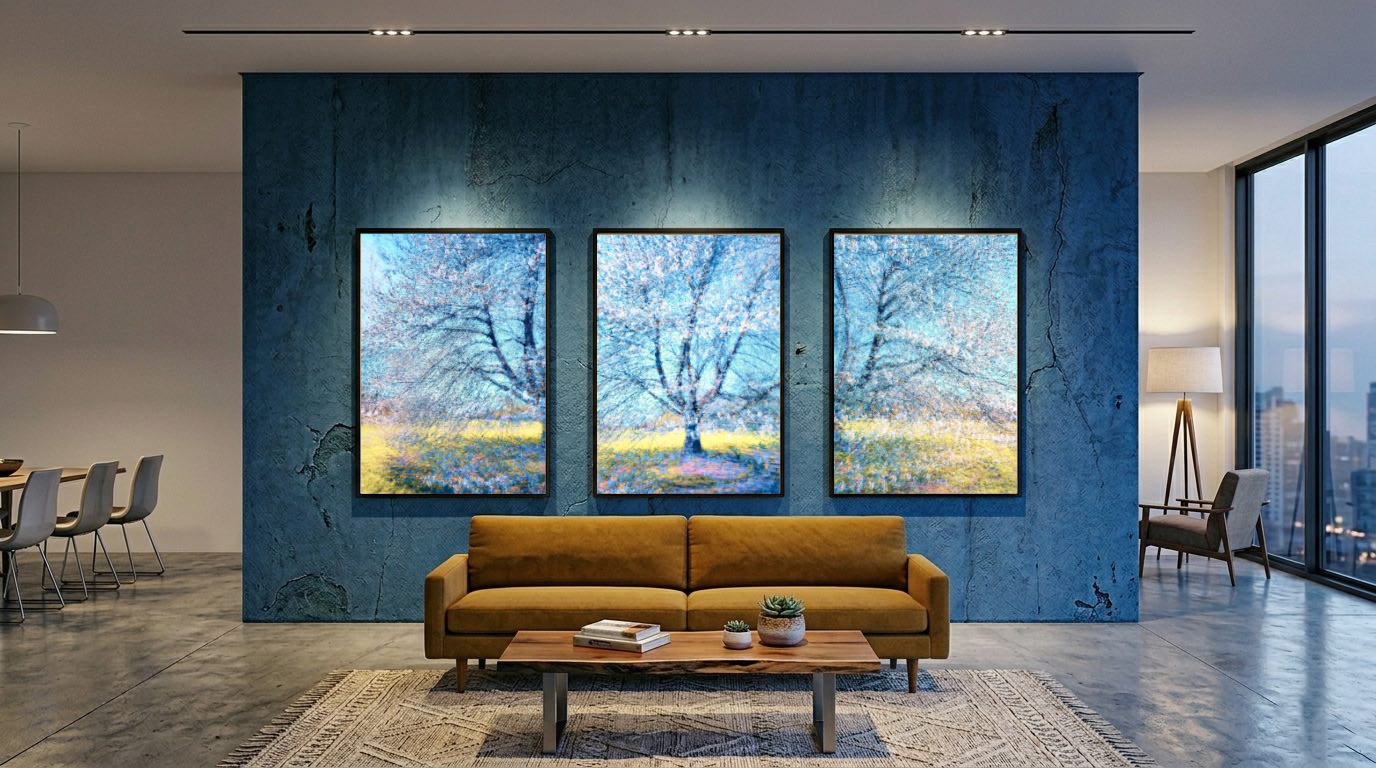 Ethereal blooming tree in soft blue and warm gold tones, in-camera multiple exposure Abstract Forest Wall Art by Oleksandr Shapovalov.