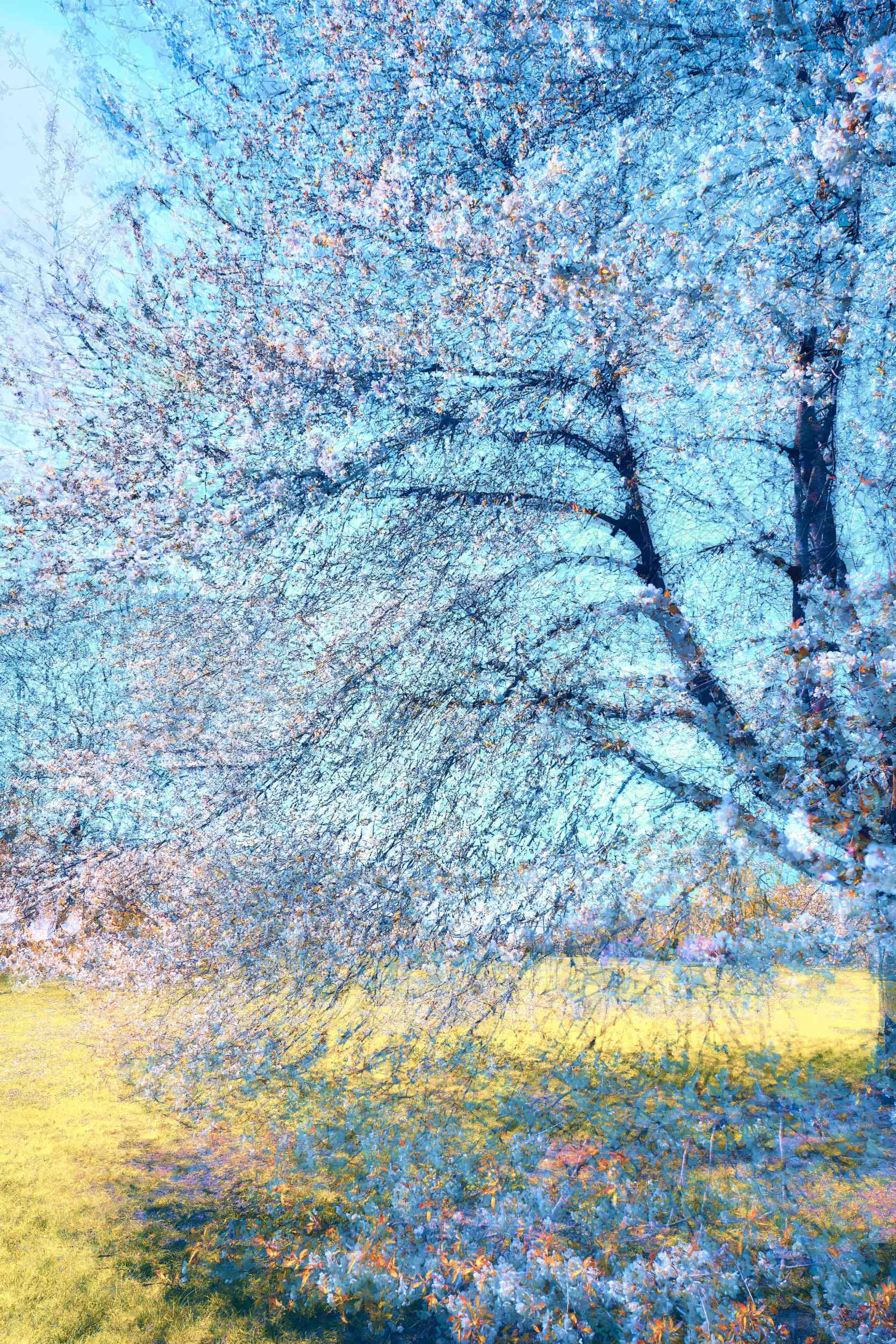 Cascading branches of a blooming tree dissolving into light, immersive Fine Art Photography capturing the silent essence of nature.