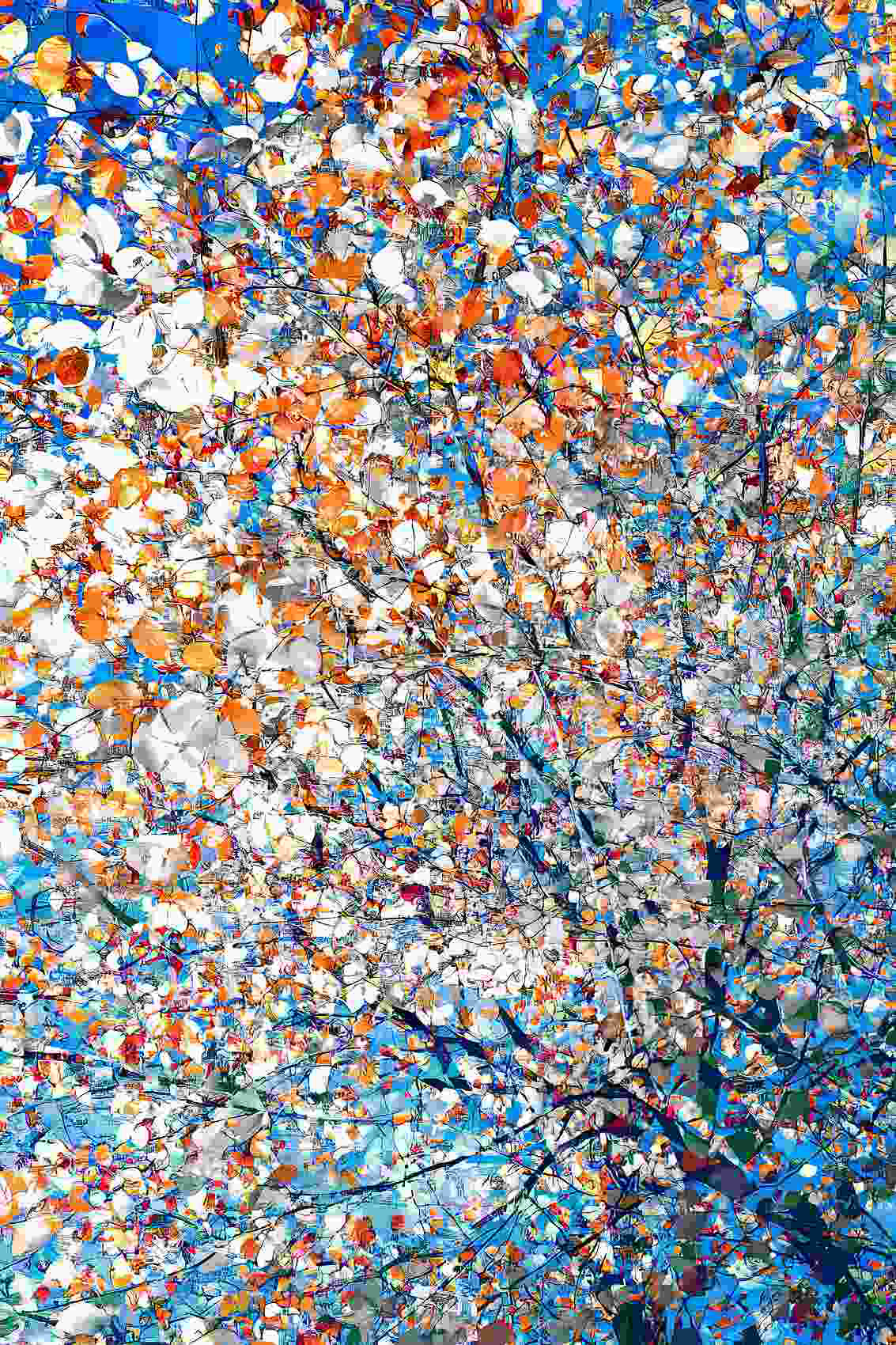 Abstract art photograph "The movement of colors is the breath of the wind#5" 80x120 cm with a vibrant, fragmented image of foliage or light on a blue background, creating a sense of movement and wind.