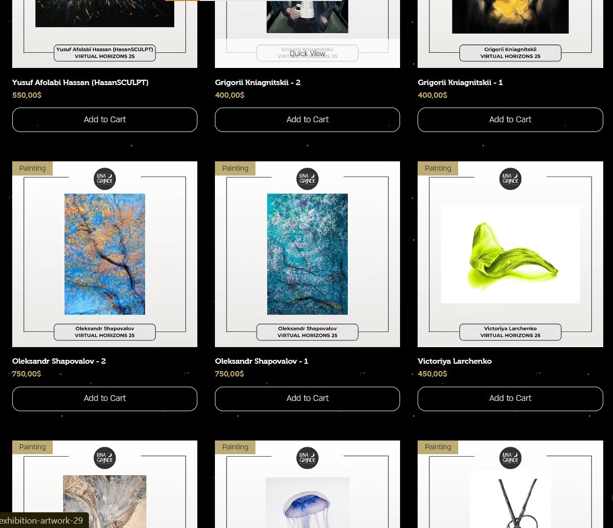Virtual Horizons 2025 exhibition featuring Oleksandr Shapovalov’s atmospheric nature-inspired artwork, showcasing abstract textures and subtle color transitions.