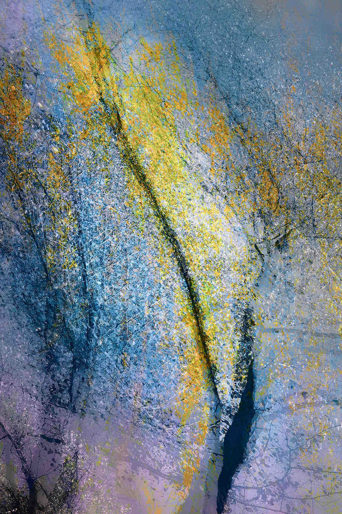 Abstract art photograph with strong diagonal lines, pronounced texture, and a contrast of cool blue-gray and bright yellow-golden colors.