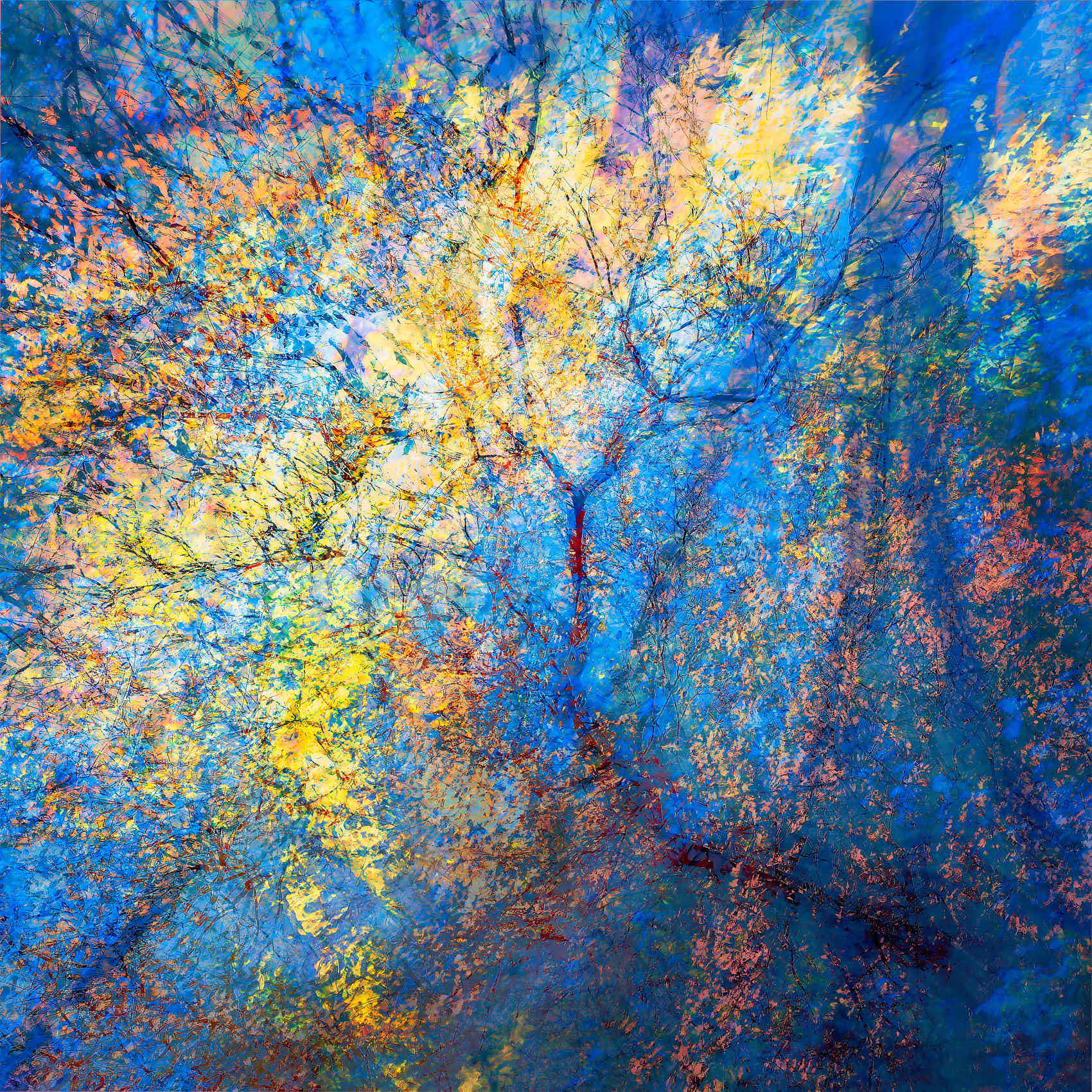 Abstract art photograph "Childhood, I'm looking at the sun#5" 80x80 cm with a bright golden center resembling the sun, surrounded by fragmented blue, orange, and red colors, creating a sense of intense light.
