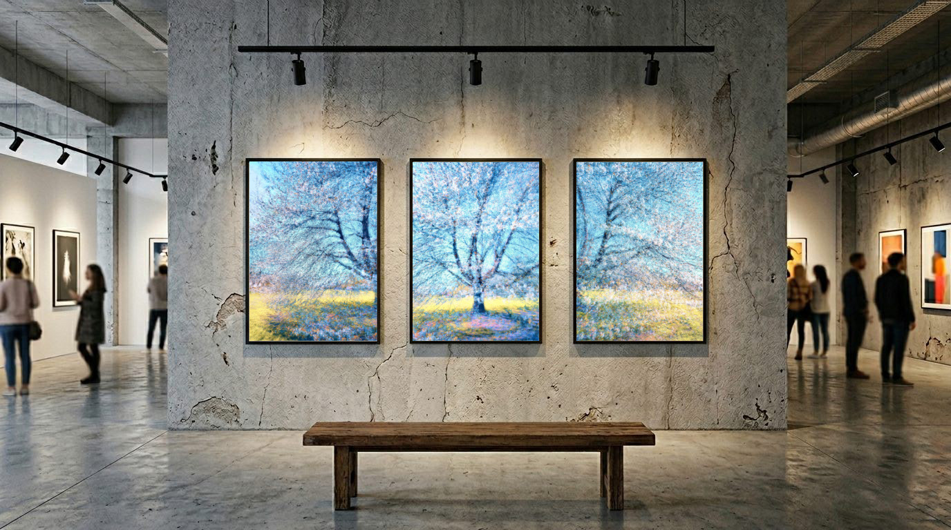 Contemporary abstract forest wall art inspired by light, motion and nature.