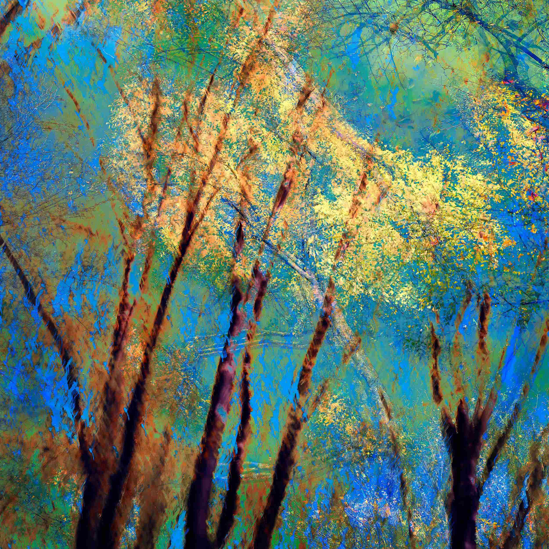 Between Worlds V by Oleksandr Shapovalov. Abstract fine art photography capturing the invisible energy and spirits of a sacred forest, multiple exposure painting with the camera technique.