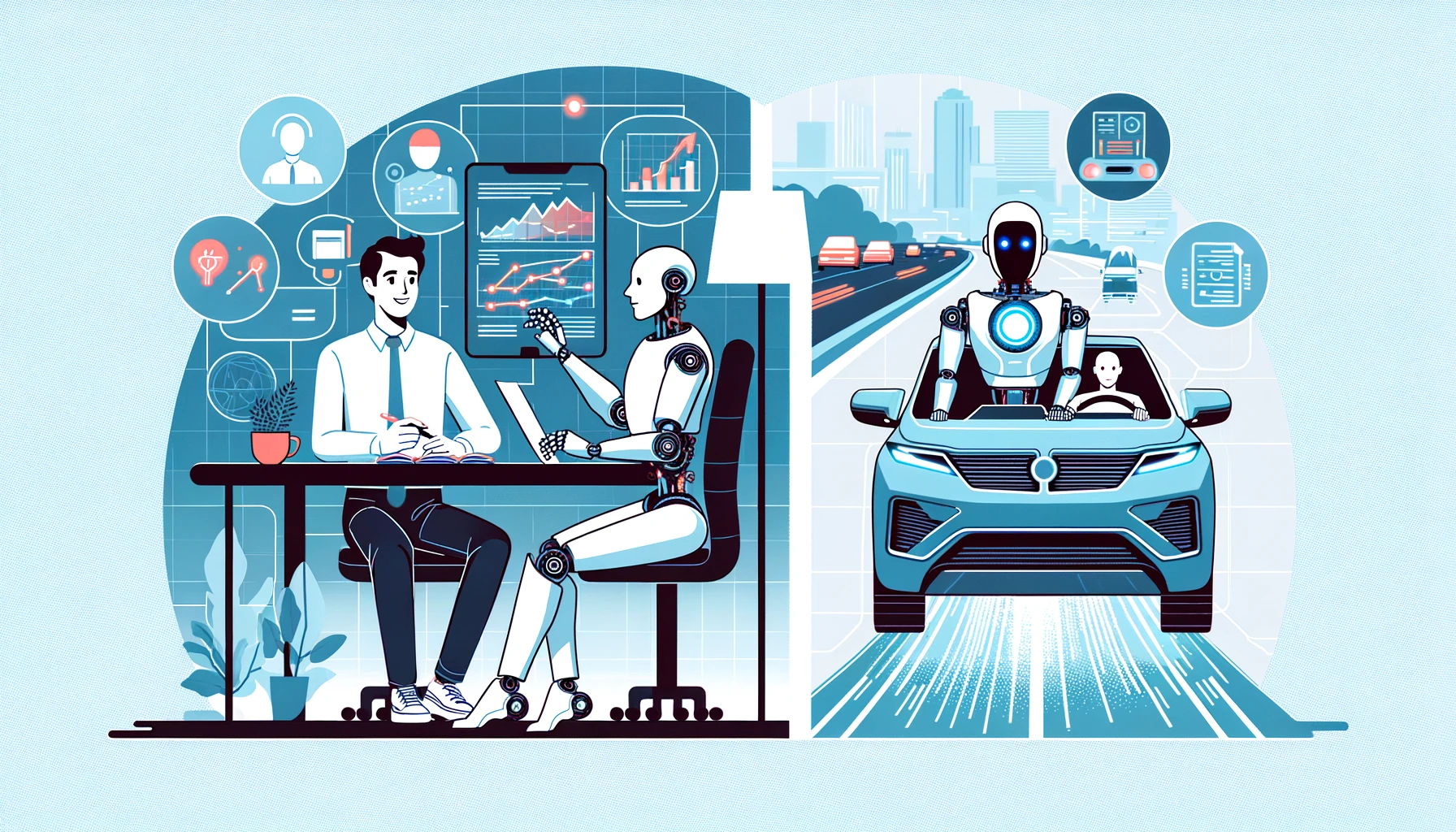 An illustration divided into two sections: On the left, a human and a robot sit at a desk, with the robot presenting data on a computer screen, symbolizing collaboration with an AI Copilot. On the right, a robot confidently drives a car on a futuristic highway, with a human passenger relaxing in the backseat, representing the autonomy of an AI Autonomous Agent.