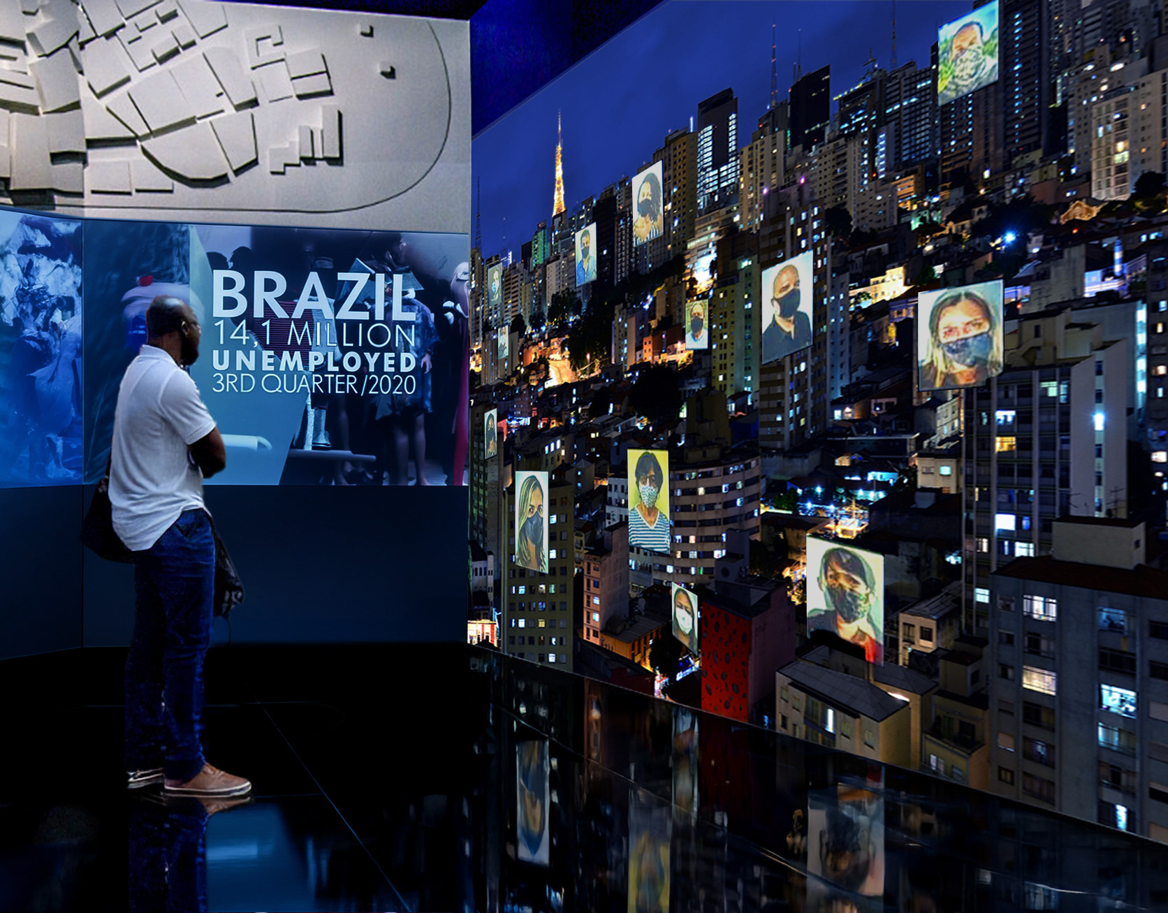 Mostra "Coronaceno" - Museu do Amanhã - Rio de Janeiro, 2021 - imagem de São Paulo, ao fundo, base da cenografia da sala "Sociedades Transformadas"