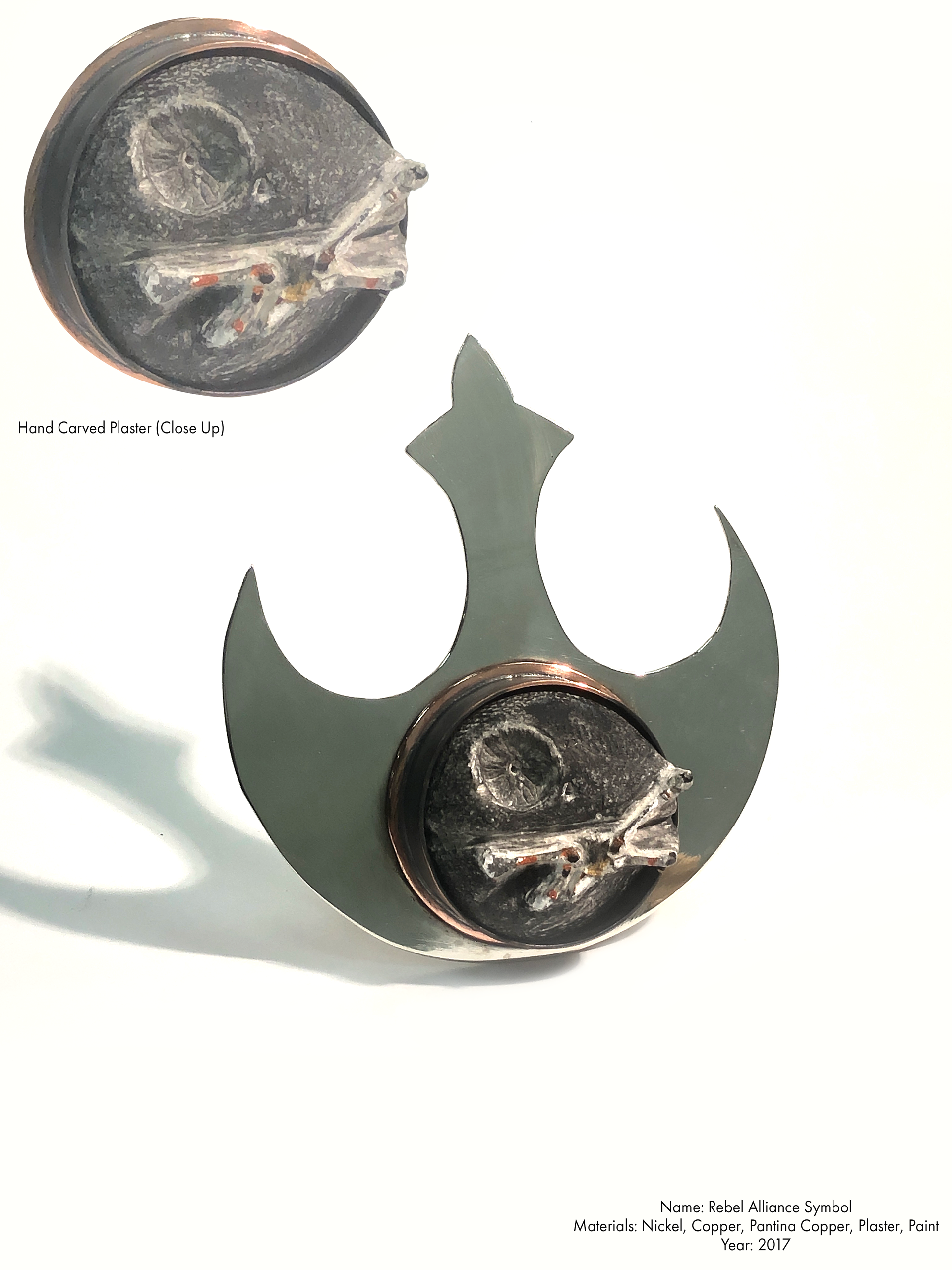 Nickel, Patina Copper, & Painted Ceramic Carving