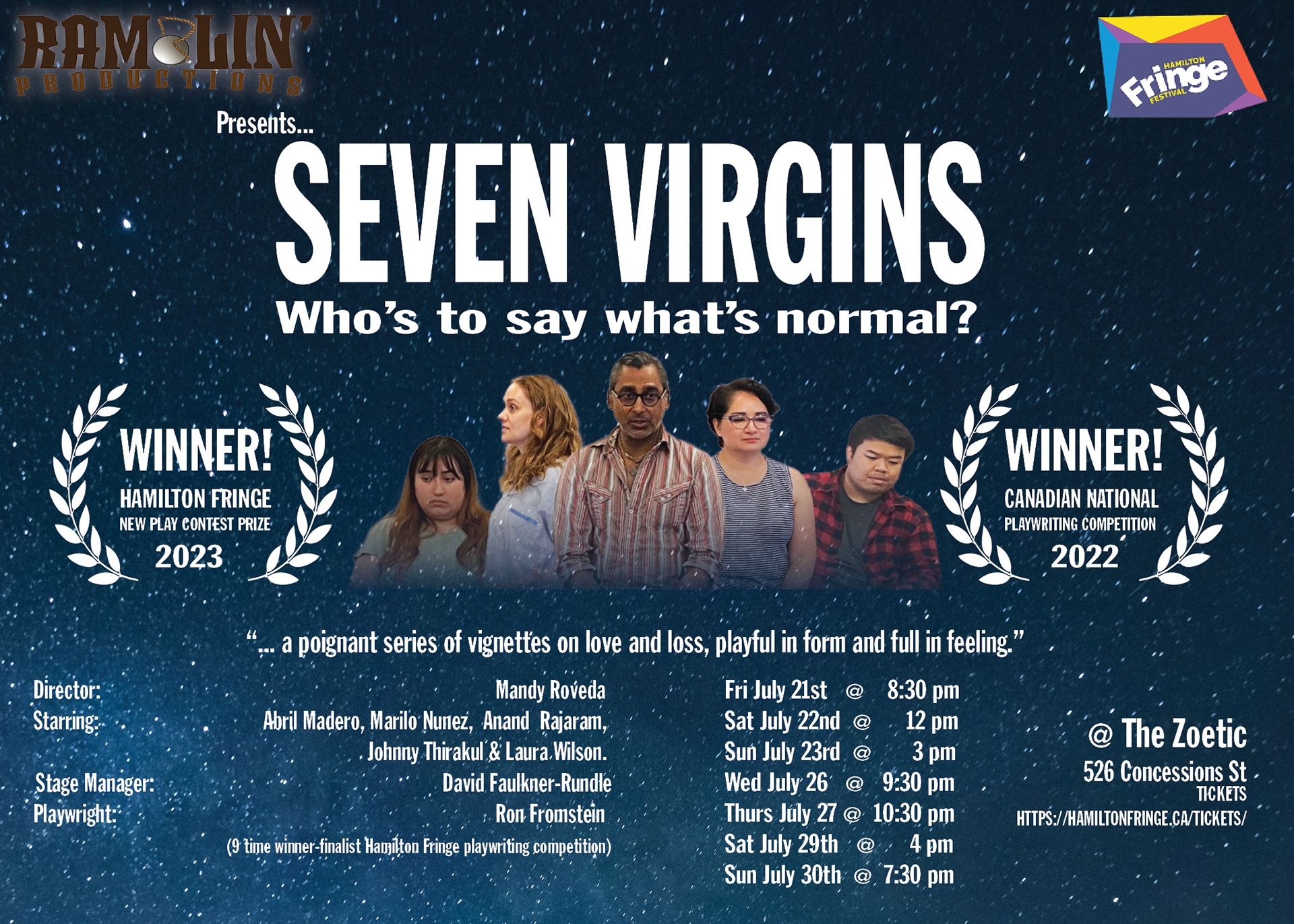 Postcard Design for "Seven Virgins", presented by Ramblin' Productions at the Hamilton Fringe Festival