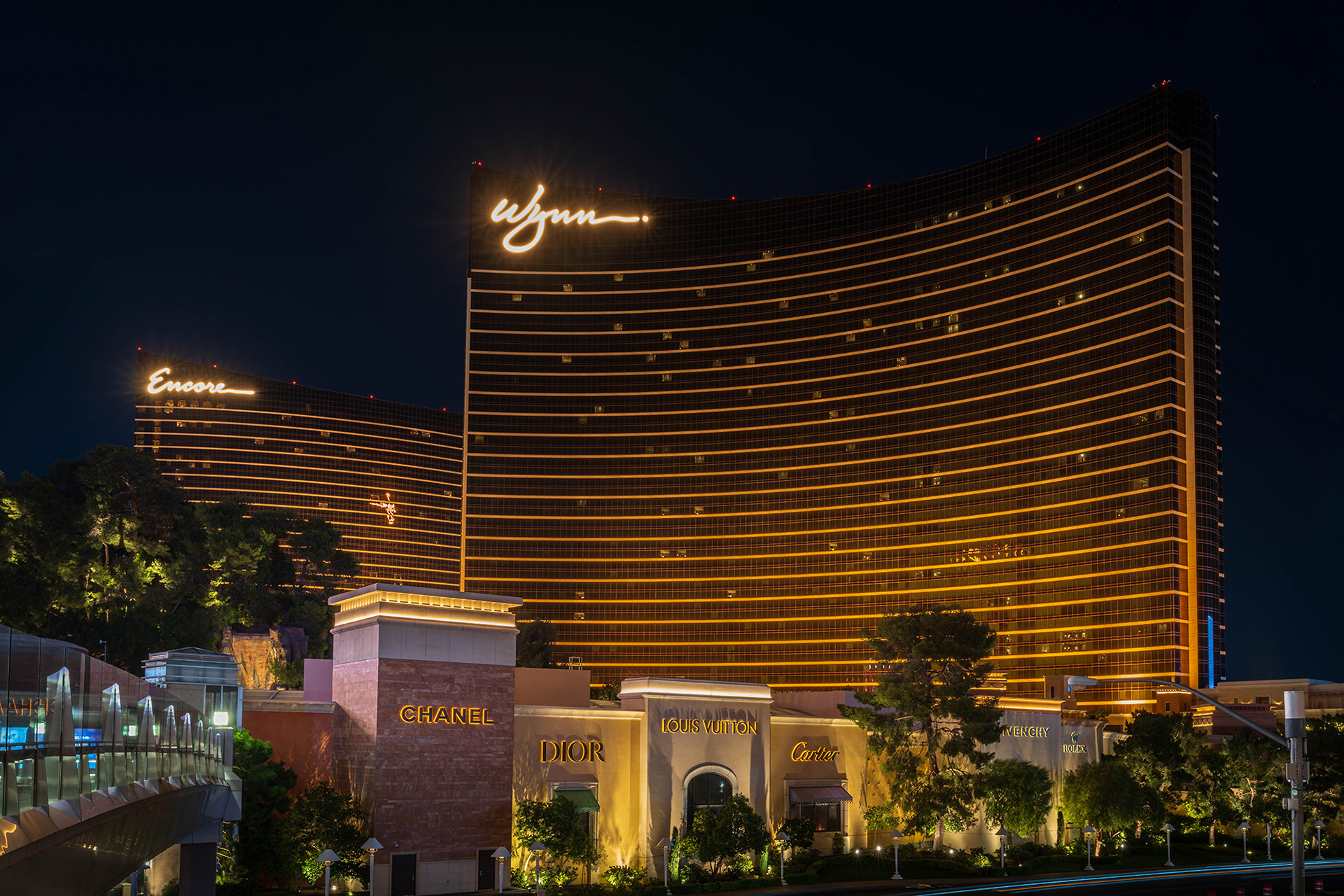 The Wynn and Encore hotels shown together in the blue hour before dawn 