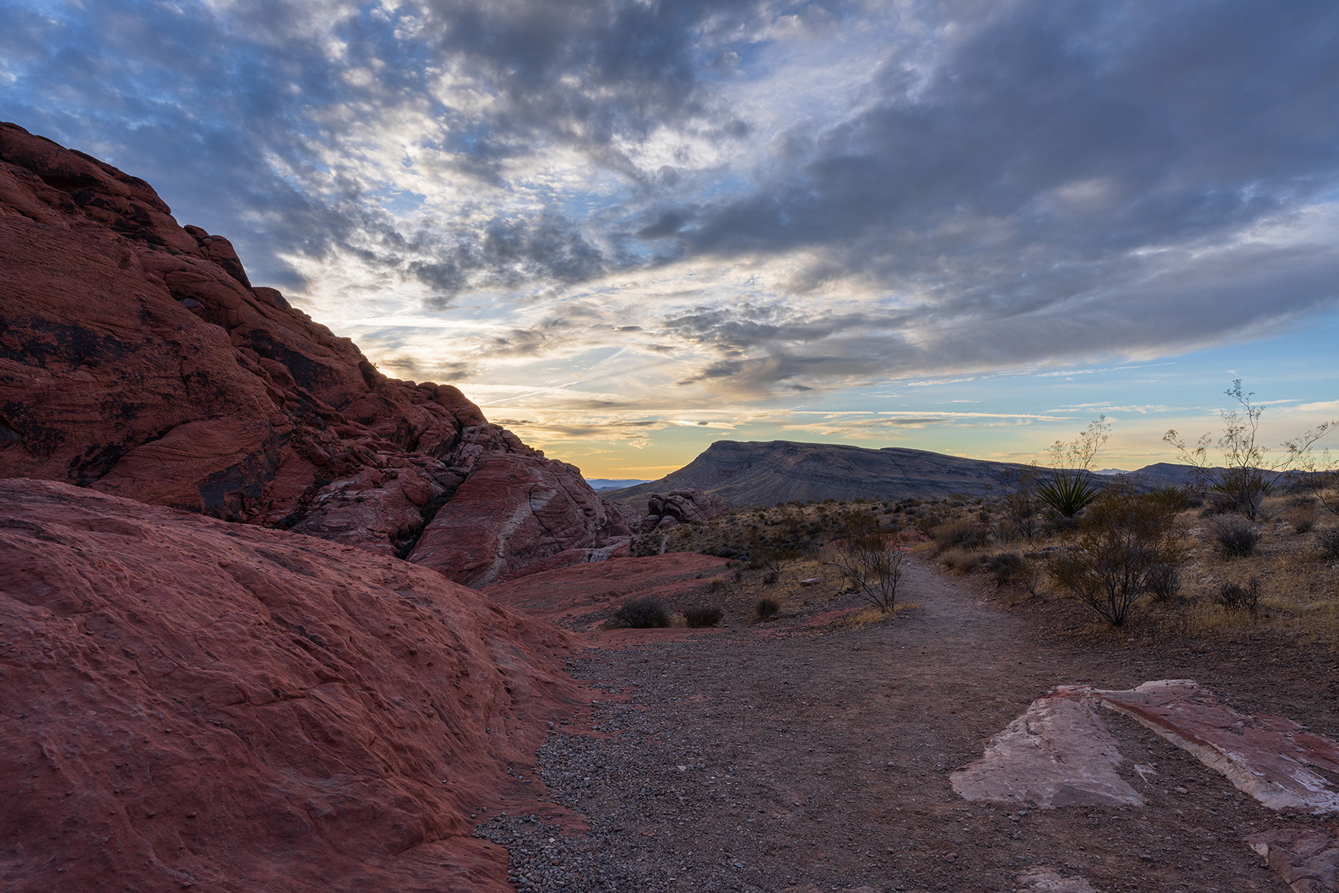 Landscape image showing a trail in Red Rock Canyon in the predawn light