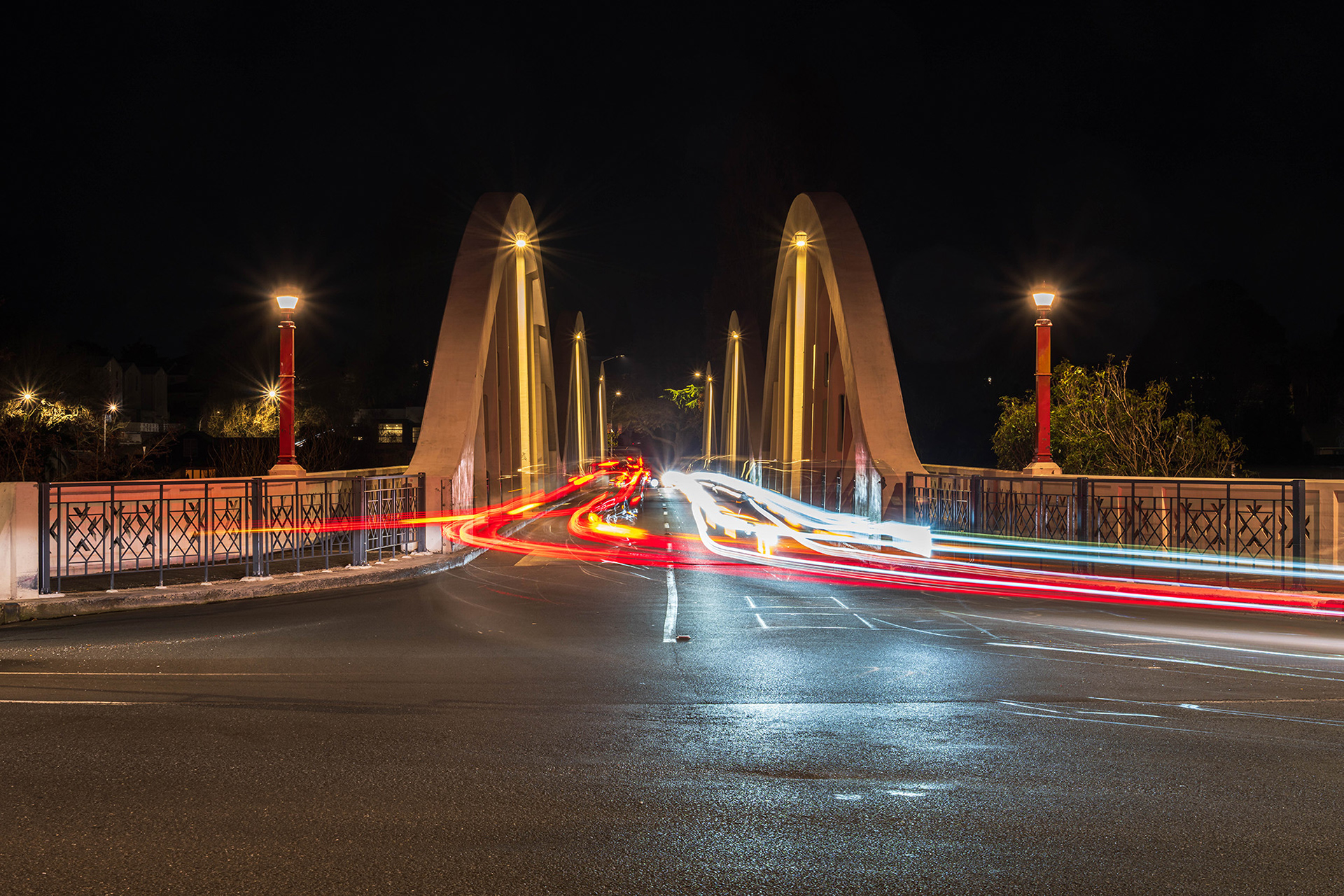 The Fairfield Bridge captured in the blue hour showing light trails from the passing traffic