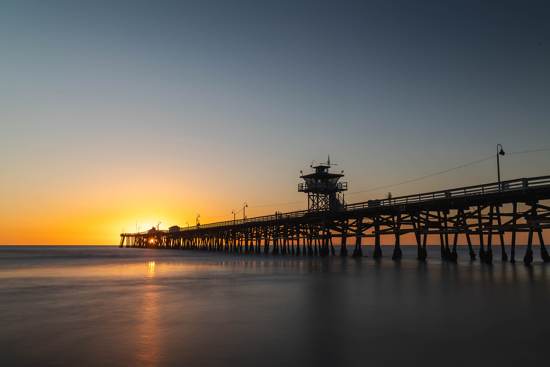 Long exposure winter sunset with the San Clemente pier in California 