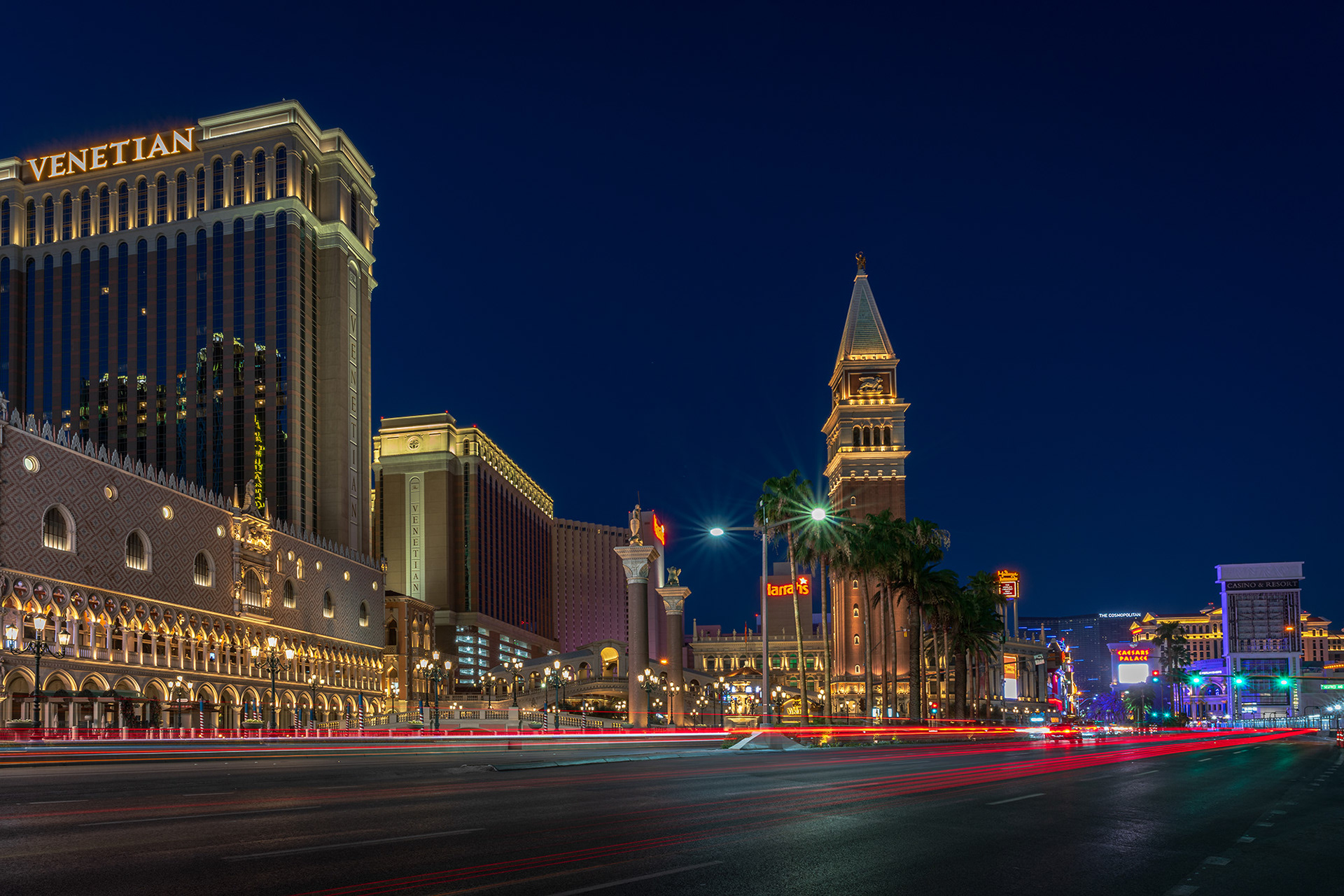 Looking across The Strip towards the Venetian casino and hotel buildings early in the morning before dawn