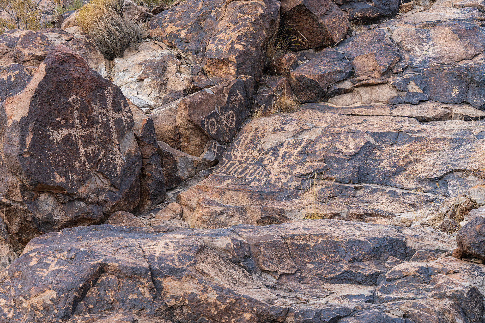 The trail flattens out and shows many hundreds of petroglyph panels at the side of the canyon as seen in this landscape image