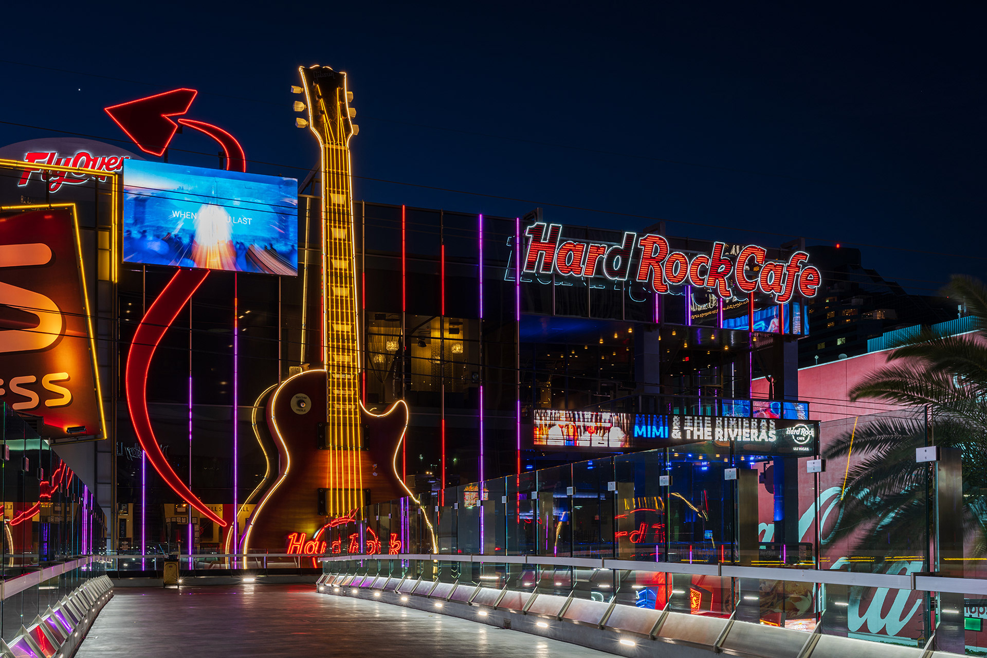 Lights of the Hard Rock Café in Las Vegas captured before daybreak