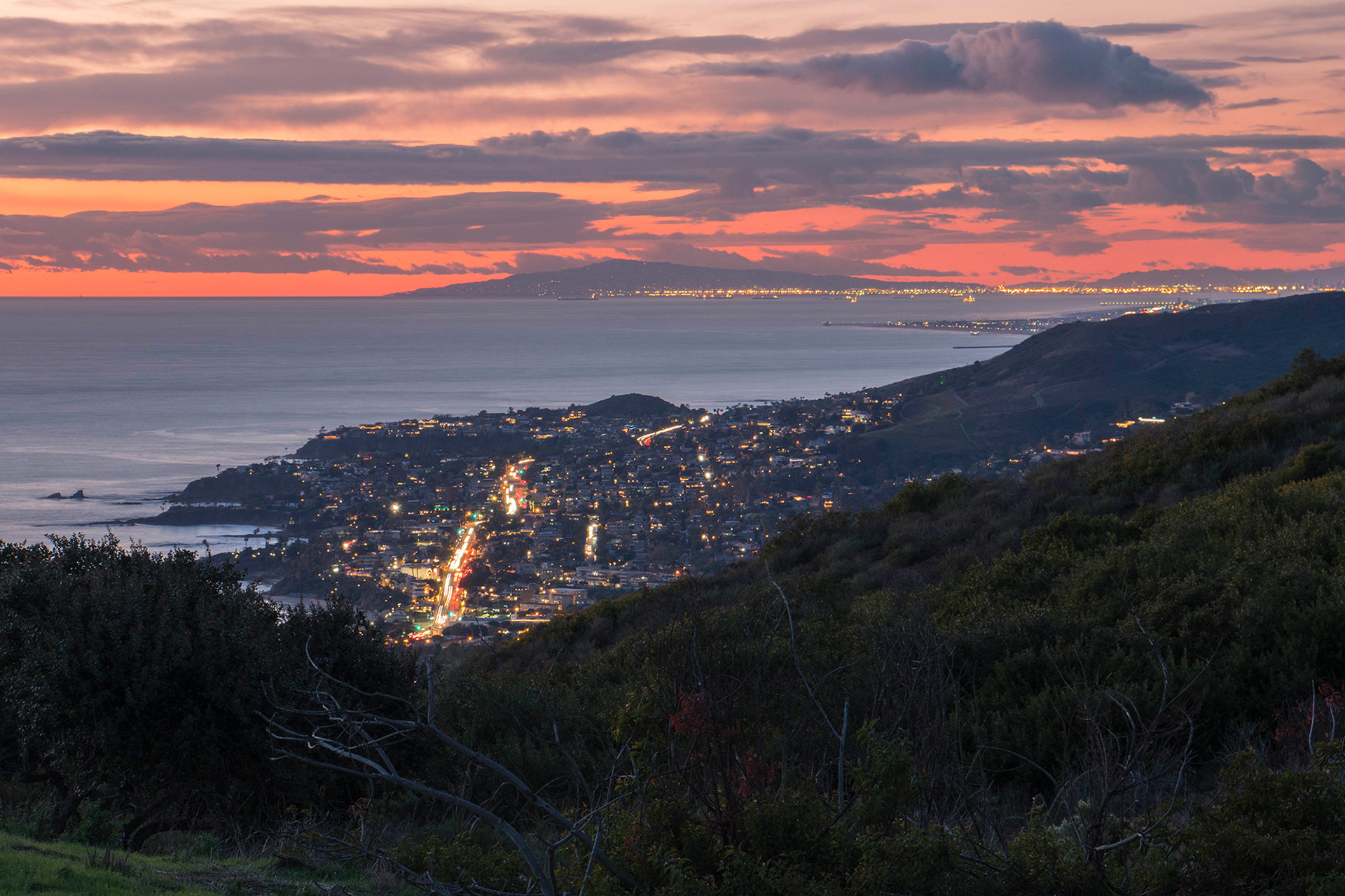 California seascape coastal town post sunset