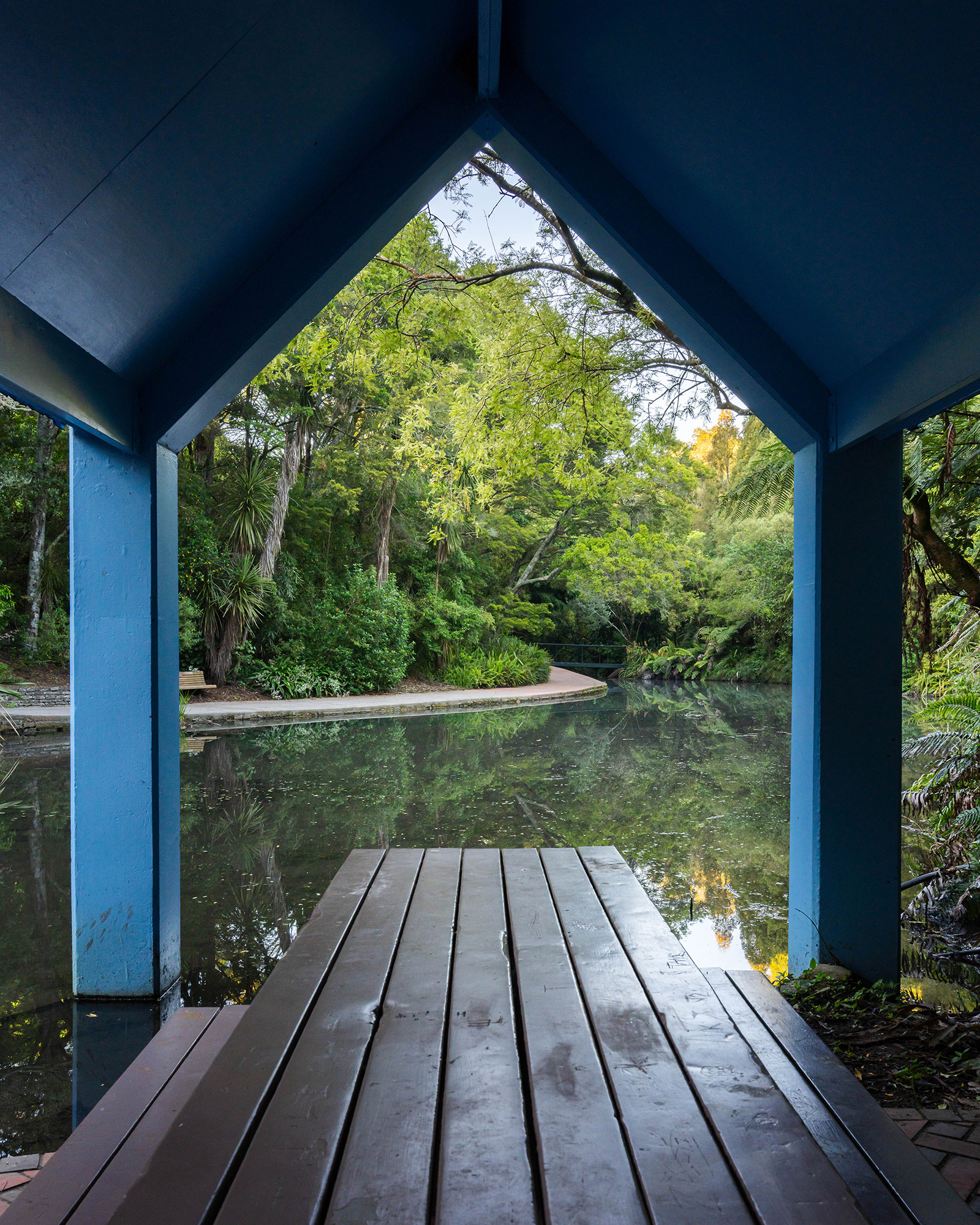 View from the Women's Suffrage Pavilion over a pond in Hamilton Gardens