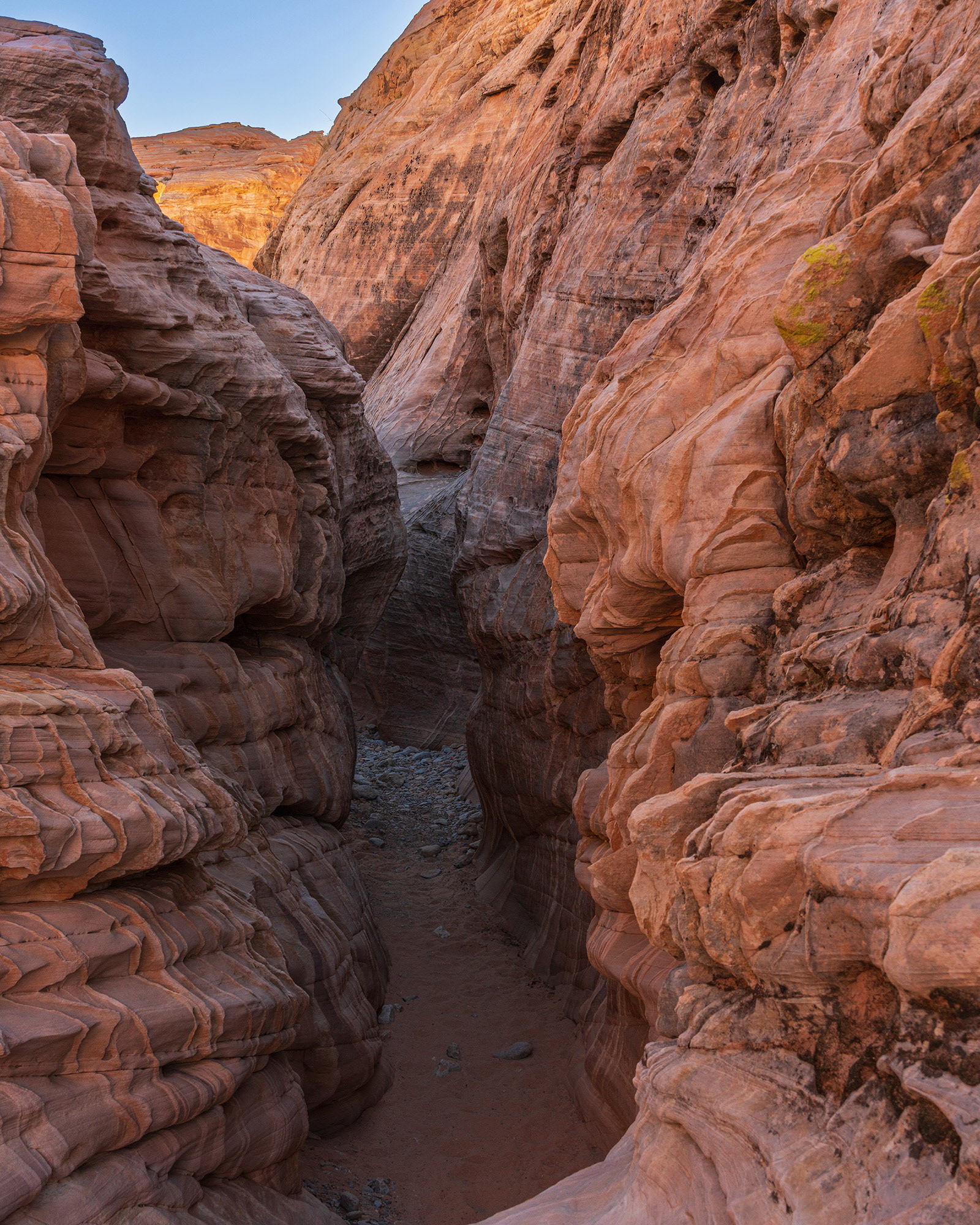 Nevada landscape image of a slot canyon marbeled with white and pink stripes and lines