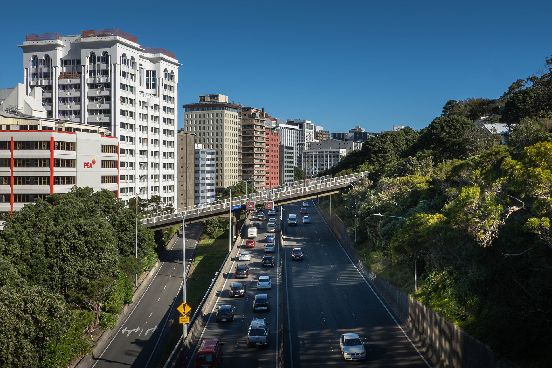 View of the urban motorway passing through the buildings in the centre of Wellington
