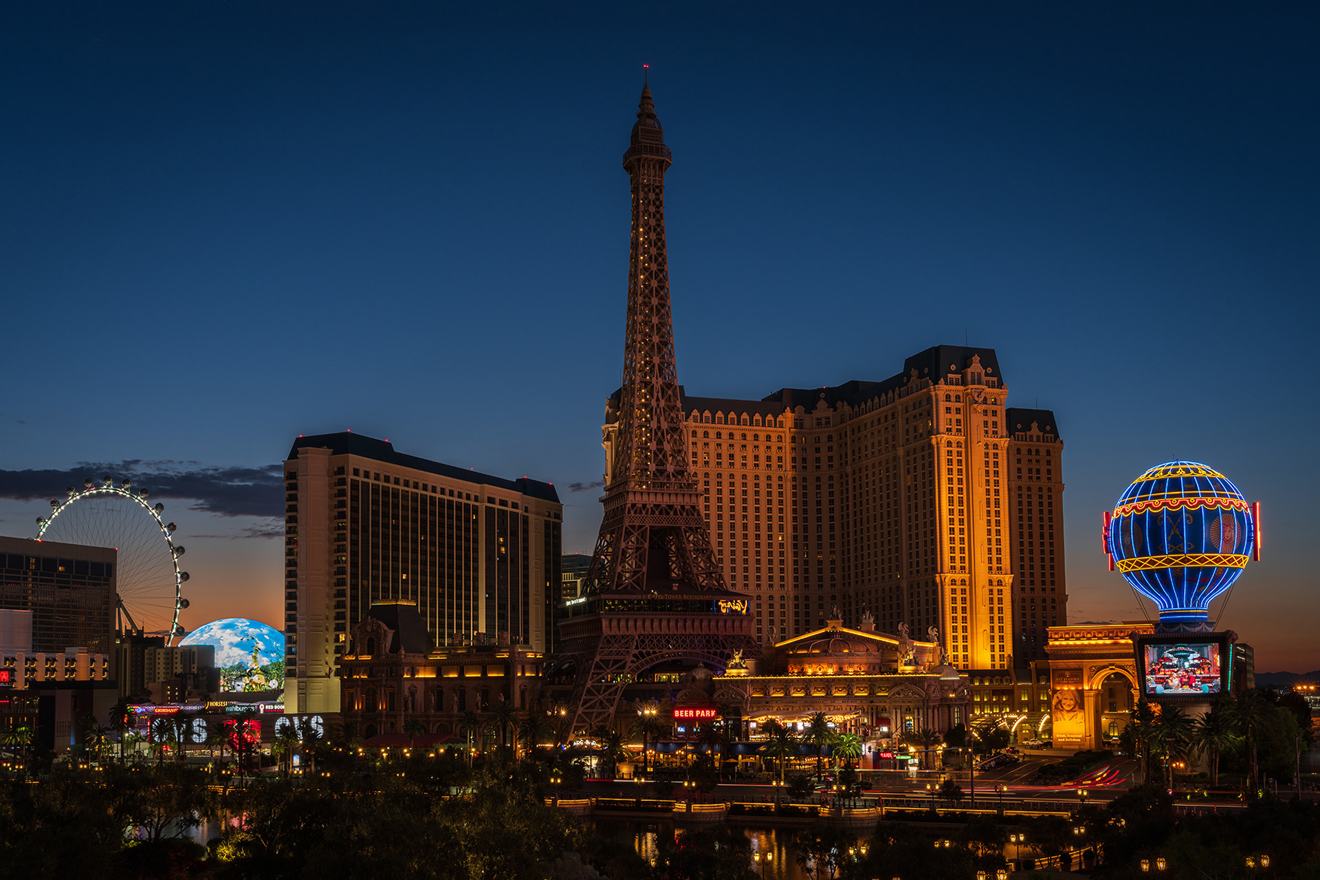 The Paris Las Vegas hotel with Eiffel Tower and balloon in the blue hour pre-dawn light