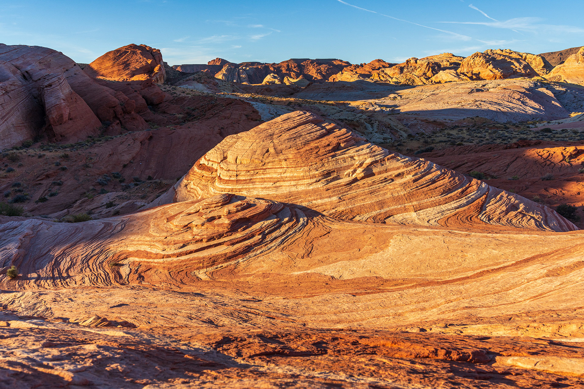 Iconic Nevada landscape vista showing the Fire Wave sandstone rock formation resembling an ocean wave