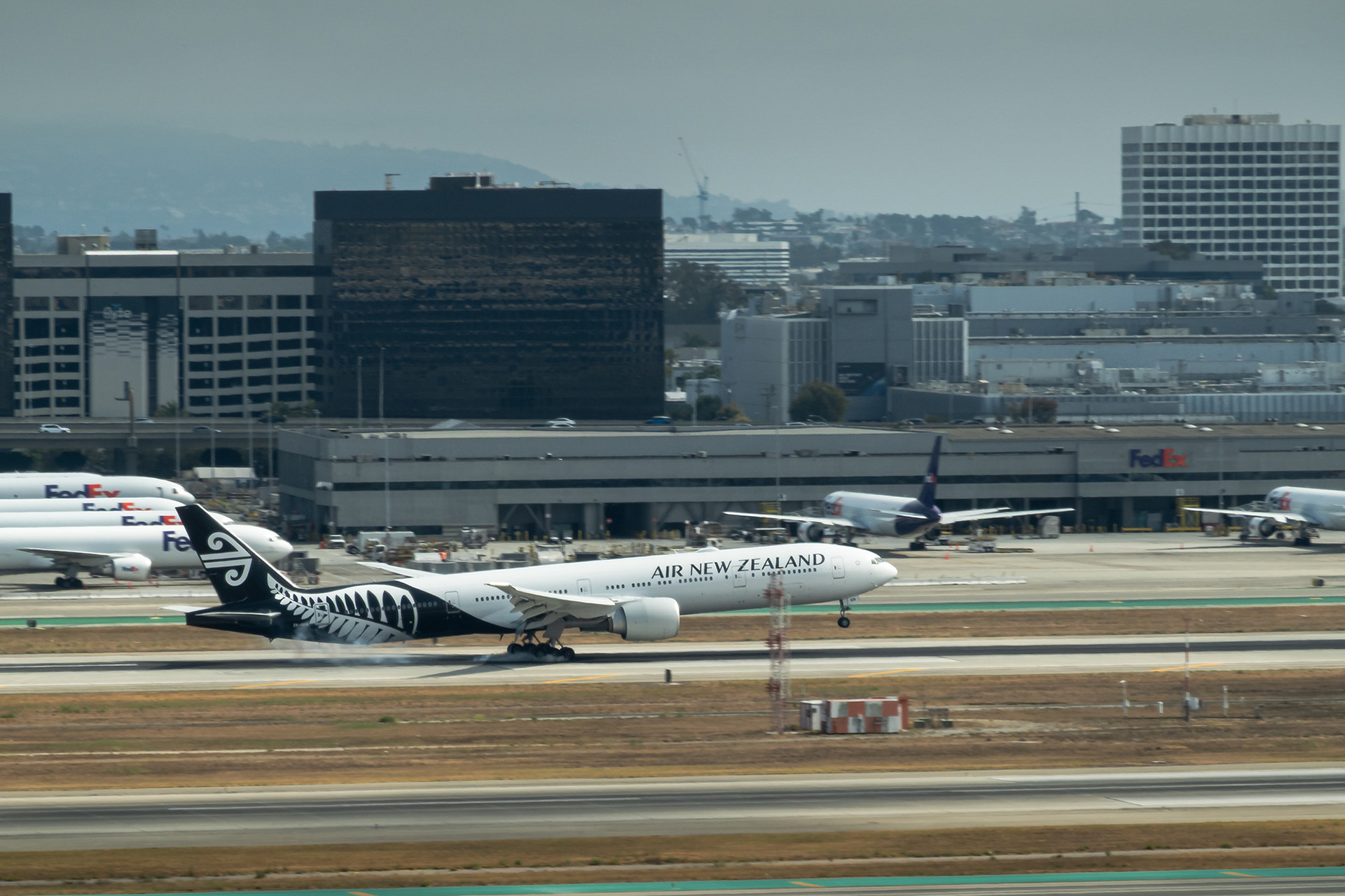 The Auckland Air New Zealand aircraft touching down in Los Angeles on a summer afternoon