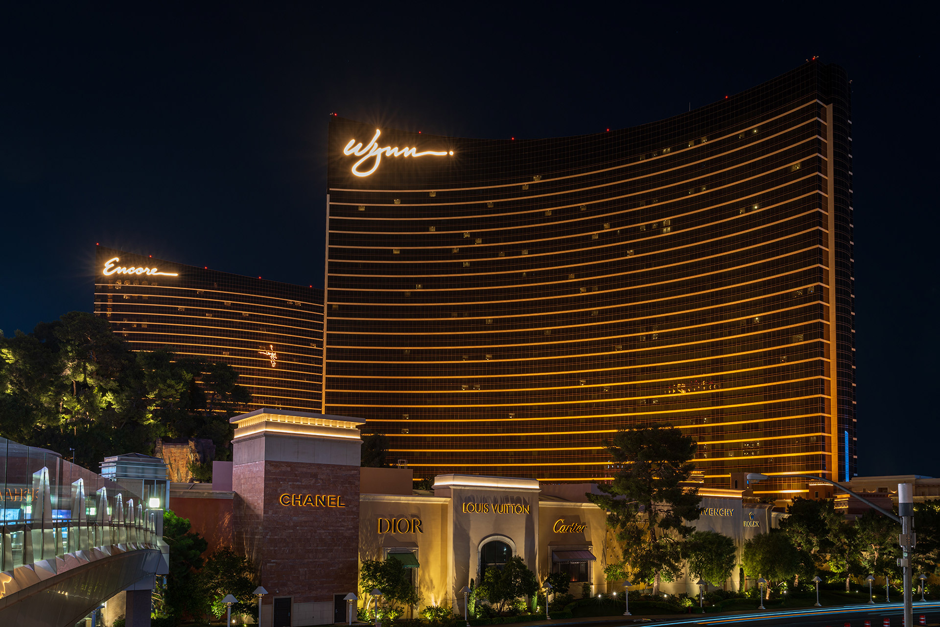 Lights of the Wynn and Encore hotel buildings in Las Vegas taken prior to sunup